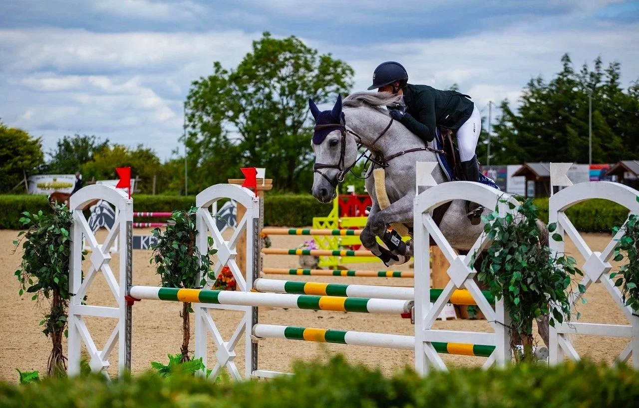 grey horse show jumping in arena with rider