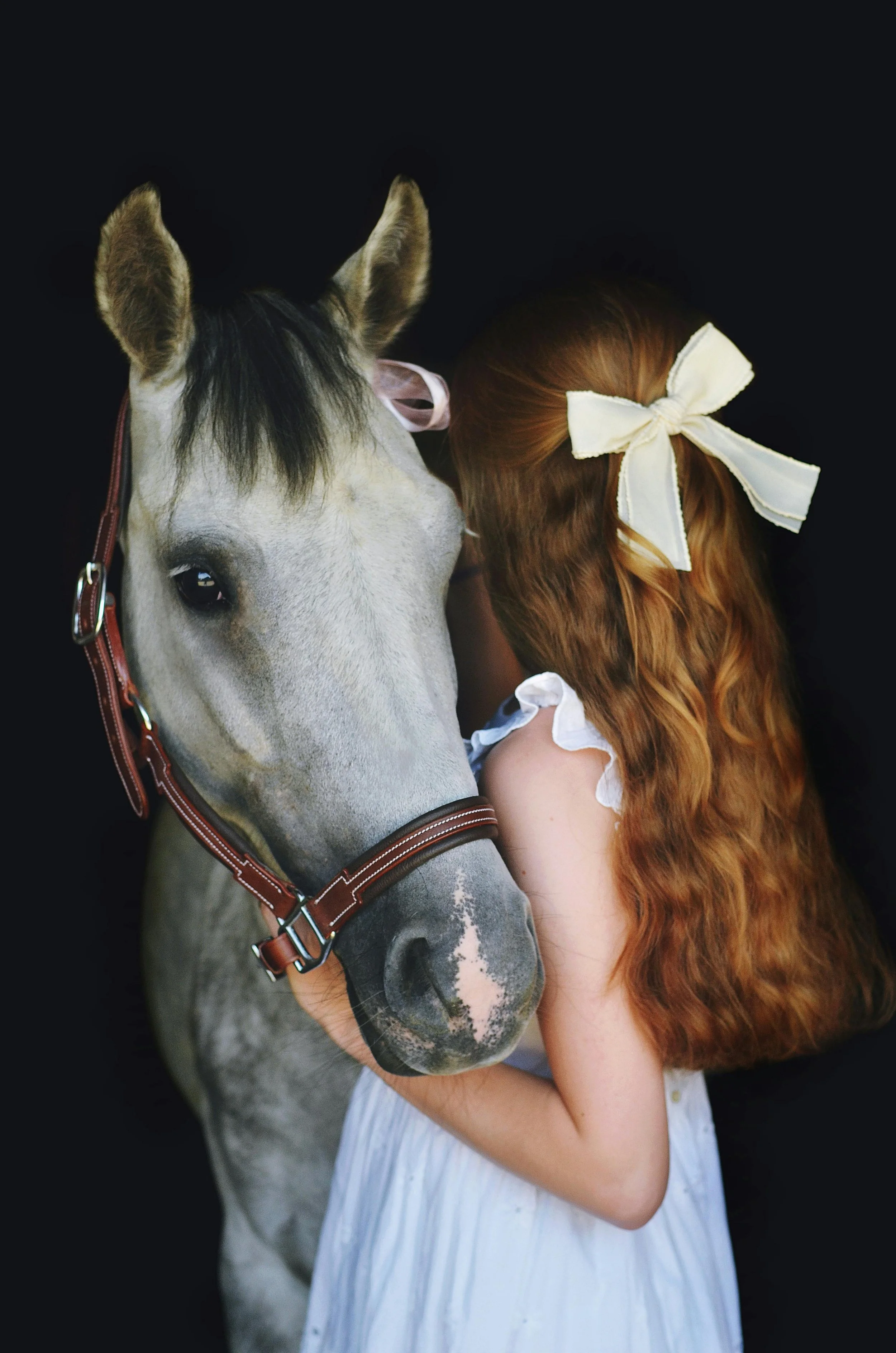 little girl cuddling her grey pony in the stable