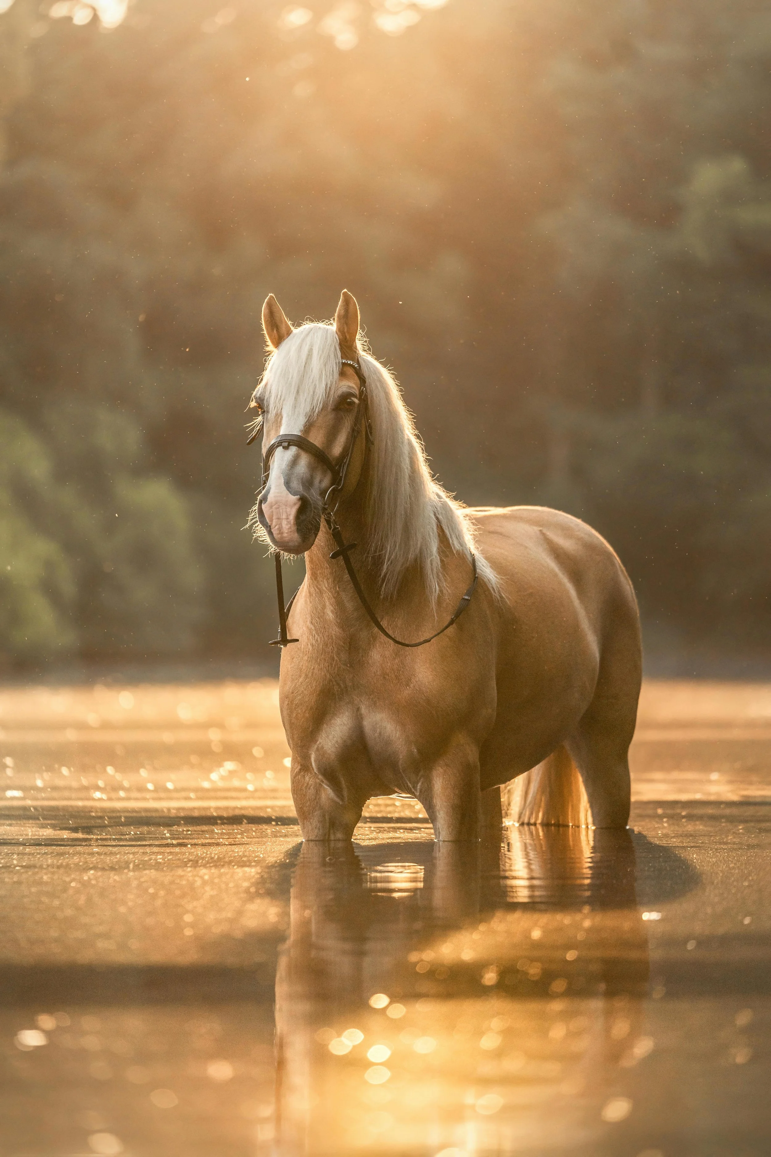A light brown horse with a white mane standing in a shallow body of water at sunset, with a blurred forest in the background.