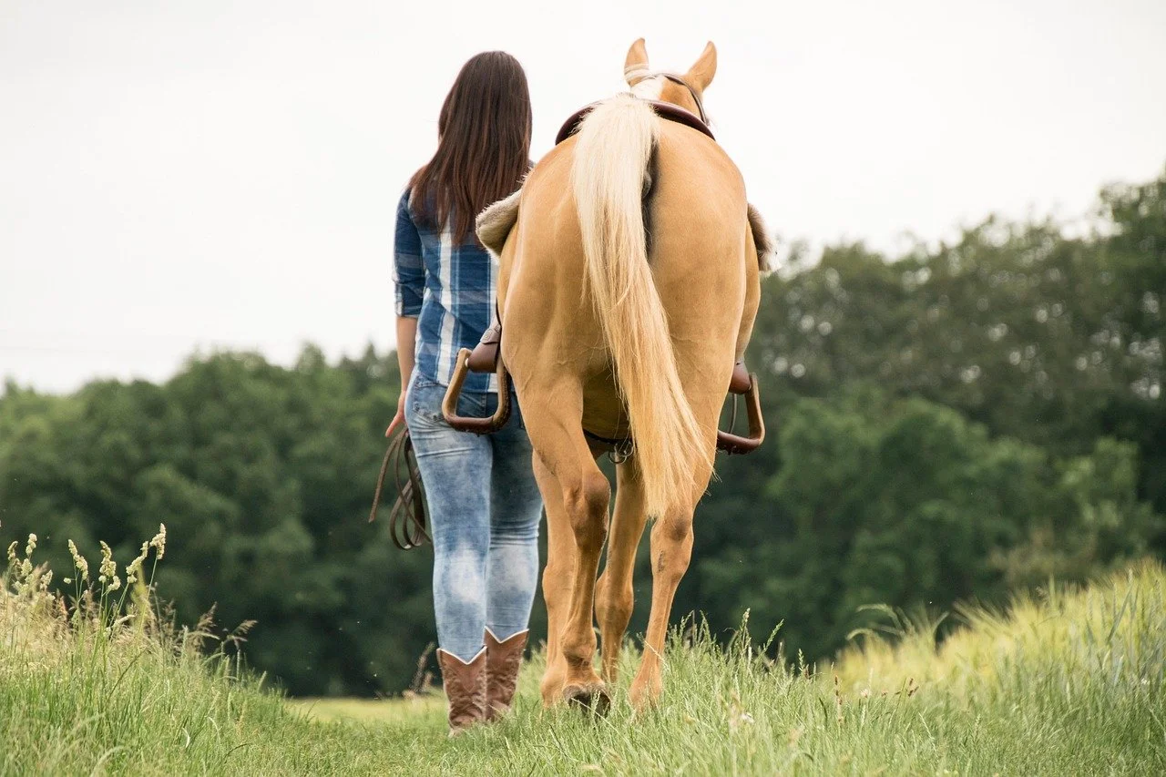 girl and horse walking away from camera in an open field