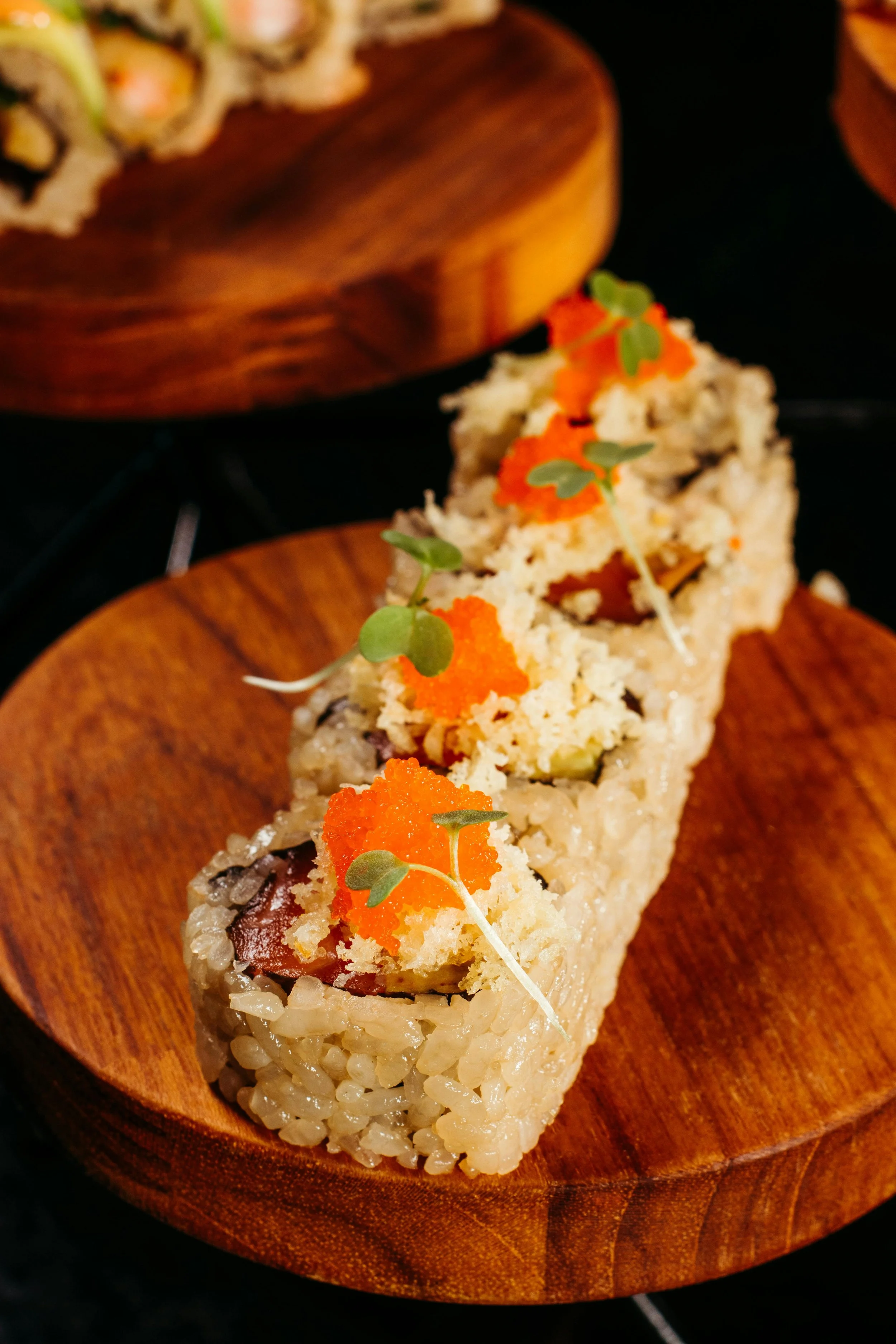 restaurant food on a wooden chopping board
