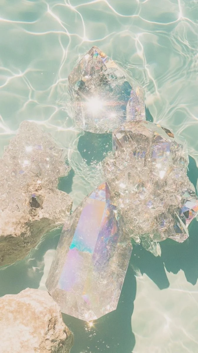 Several large, clear, iridescent crystals float in mint green water with sunlight reflecting off their surfaces.