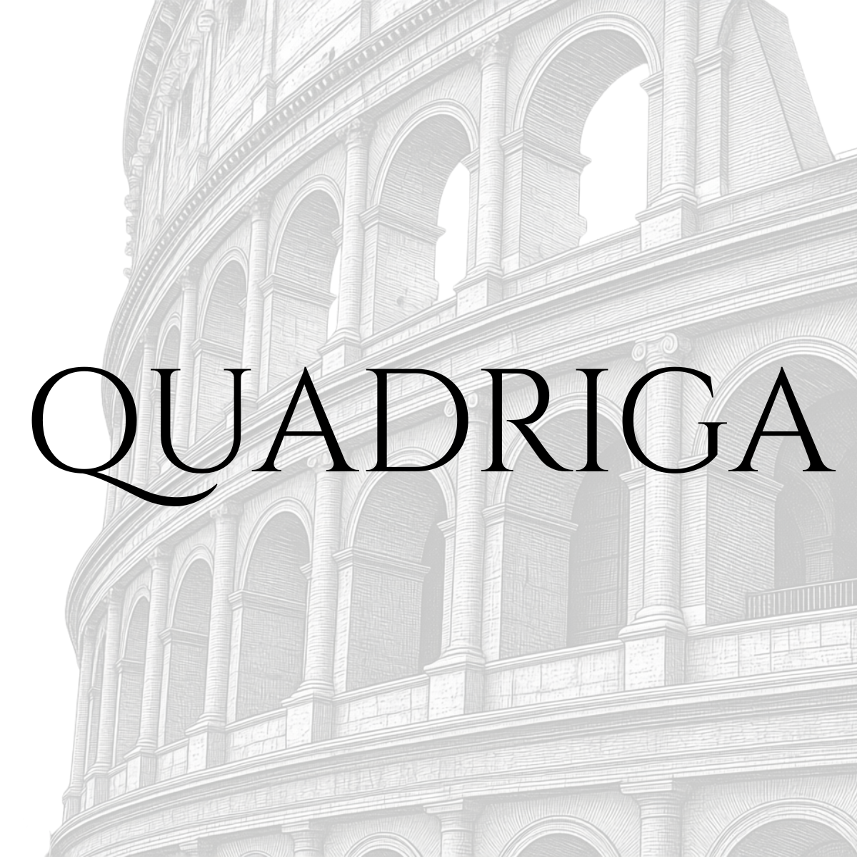 Ilustración en blanco y negro del Coliseo Romano con la palabra 'Quadriga' en el centro.