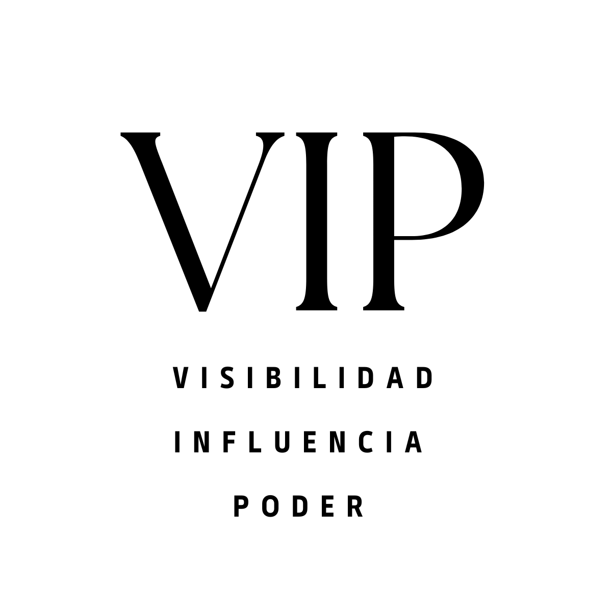 Logotipo con letras grandes que dice V I P y palabras debajo que dicen Visibilidad, Influencia, Poder.