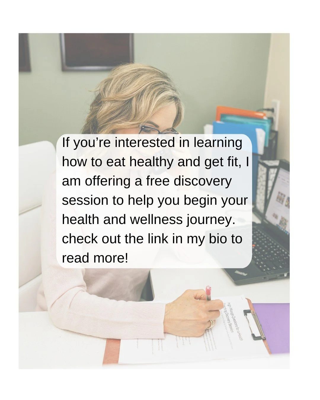 Ready to kickstart your health and wellness journey? 🎉 I'm offering a free discovery session to help you learn how to eat healthy and get fit. Check out the link in my bio for more details! 💪🌟

Fill out contact page on my website.  Looking forward