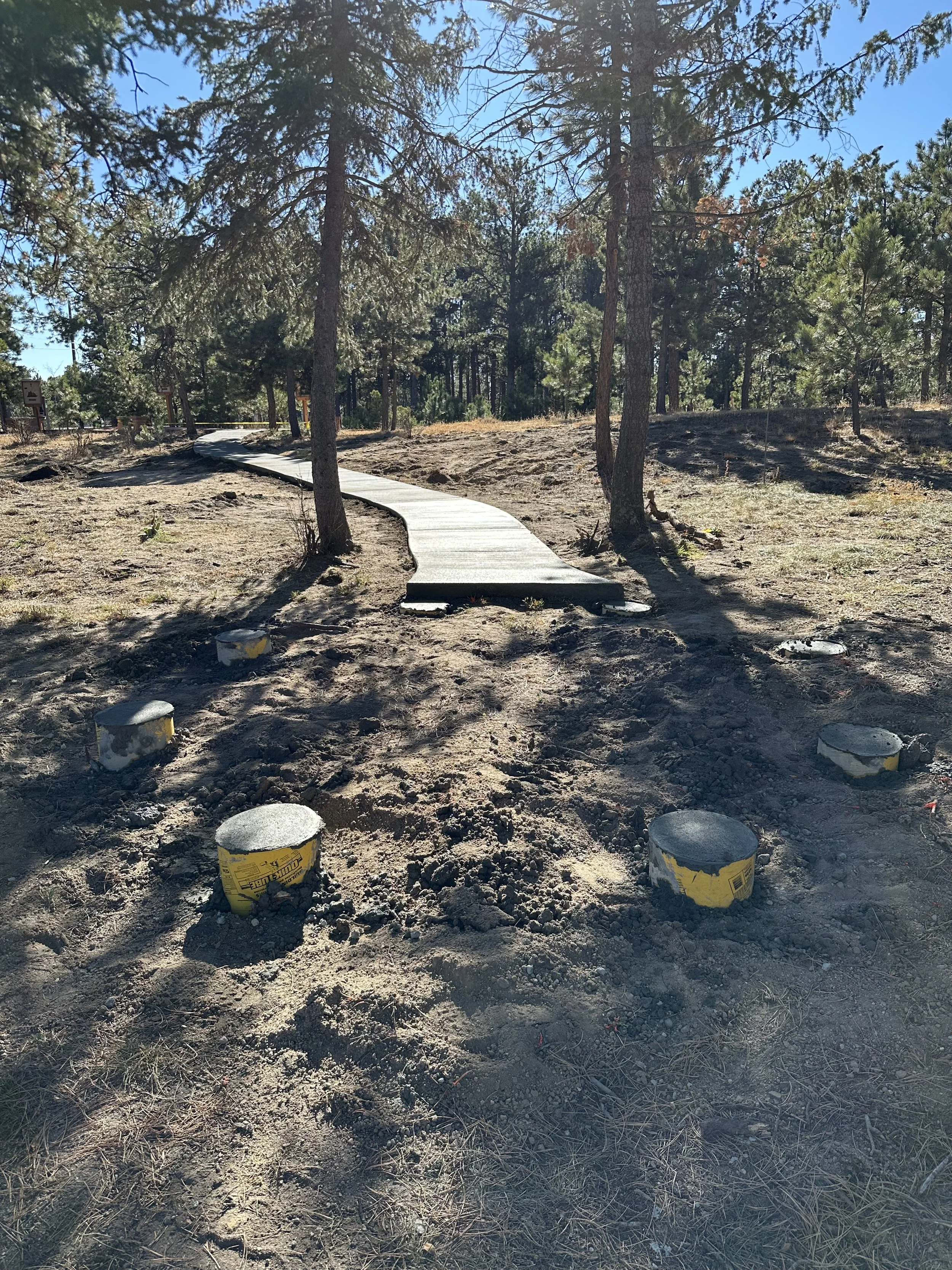 A forested area with a newly paved winding trail and several concrete barriers, surrounded by trees and dirt.