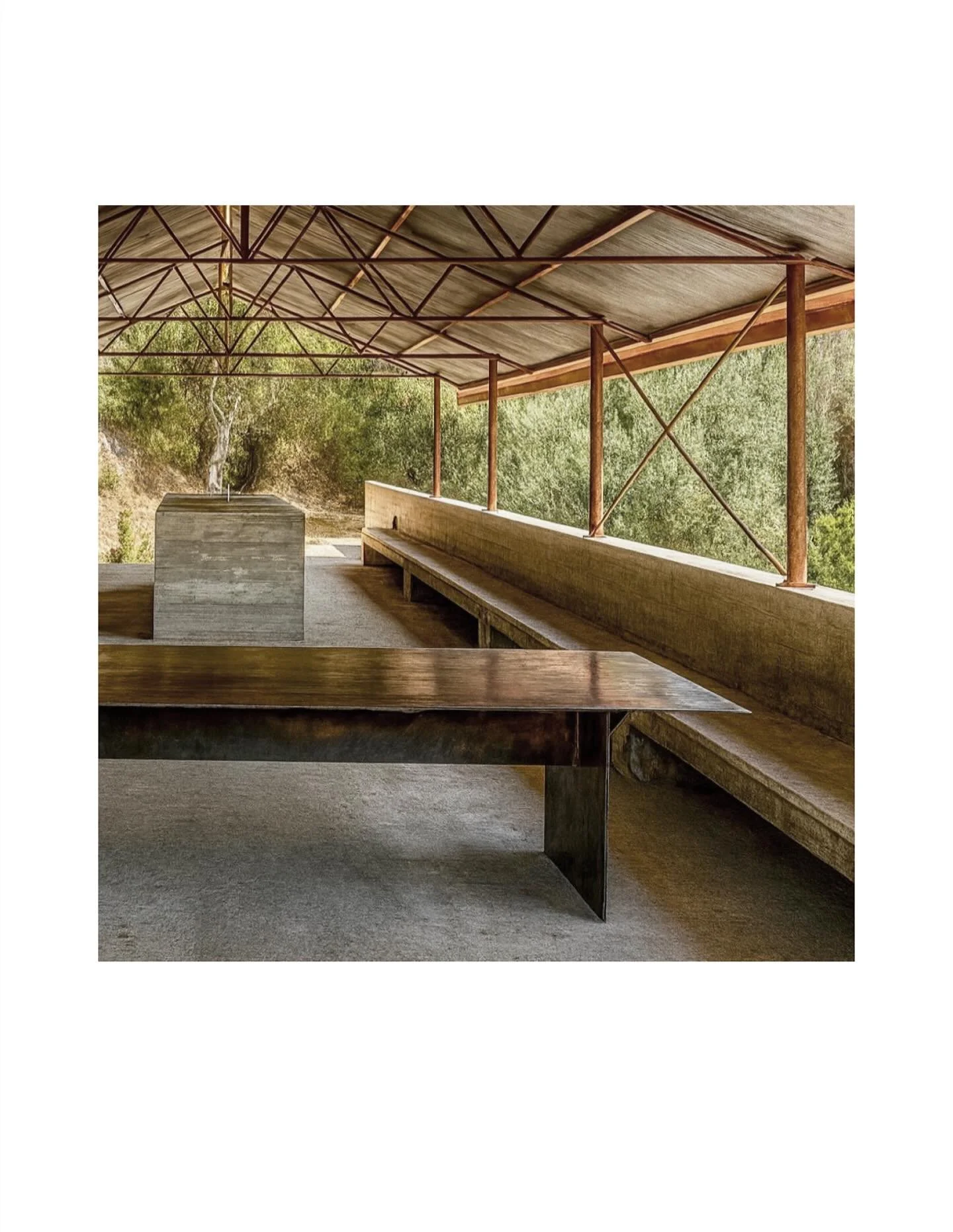 New 8mm lacquered mild steel table, 4m x 1.1m, made by same local fabricator as the rest of the steel work including trusses and sliding screens. He&rsquo;s totally brilliant. Have put up with the temporary (too small, uncomfortably high (why are so 