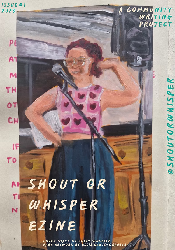 Painting of a woman with red hair, wearing glasses, a pink sleeveless top with heart patterns, and dark pants, standing behind a microphone with one arm flexed, in front of a wooden backdrop, with handwritten text promoting a community writing project.