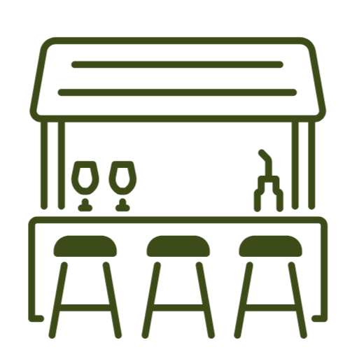 Line drawing of a bar with three stools, a canopy, two glasses, and a tap