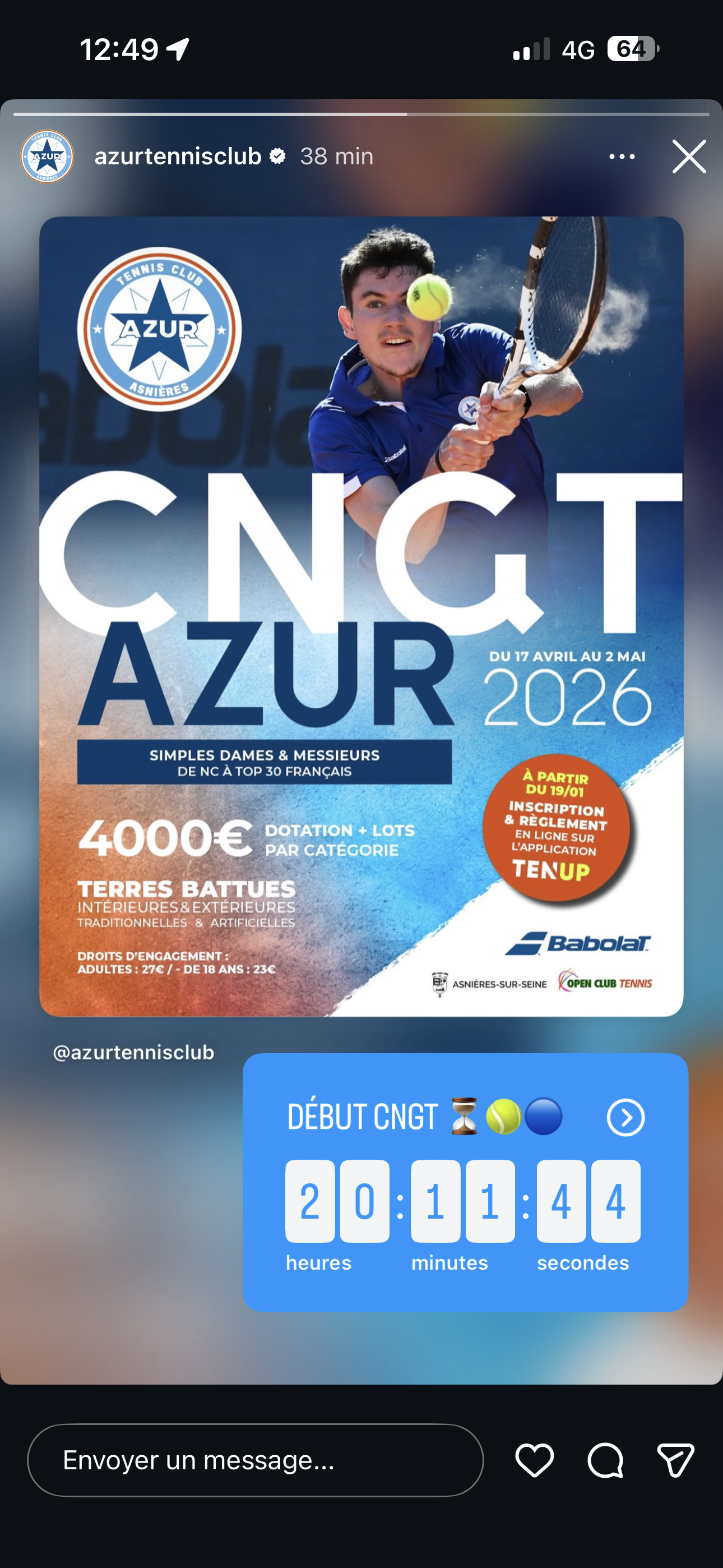 Affiche promotionnelle pour le tournoi de tennis CNGT AZUR 2026 organisé par le Tennis Club AZUR Asnières-sur-Seine, se déroulant du 17 avril au 2 mai 2026, avec un prix de 400 euros et un concours pour gagner des lots. La affiche montre un joueur de