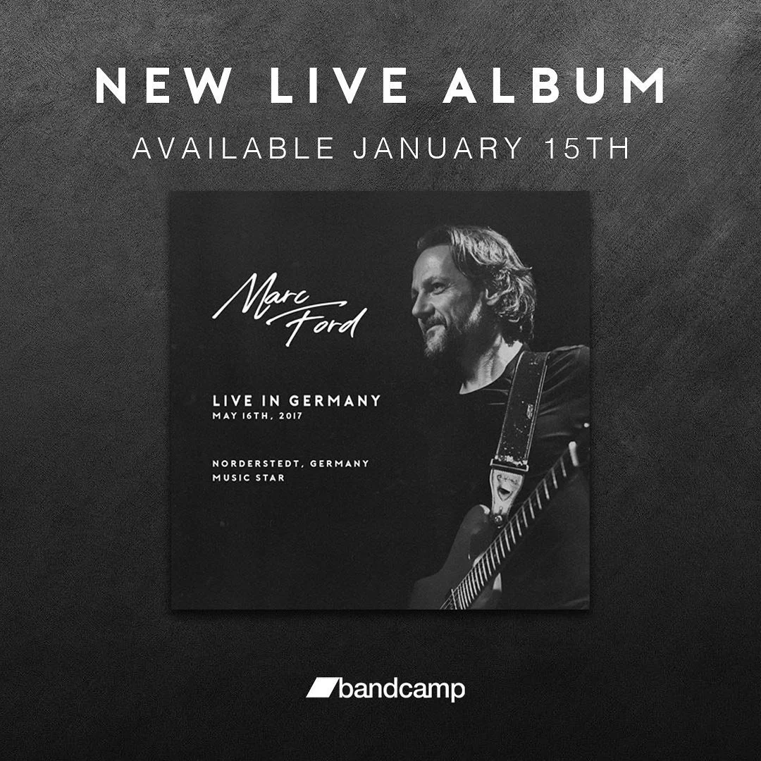Annonce du nouvel album de Marc Ford, disponible le 15 janvier, avec une photo en noir et blanc de l'artiste jouant de la guitare, annonçant un concert en Allemagne le 16 mai 2017.