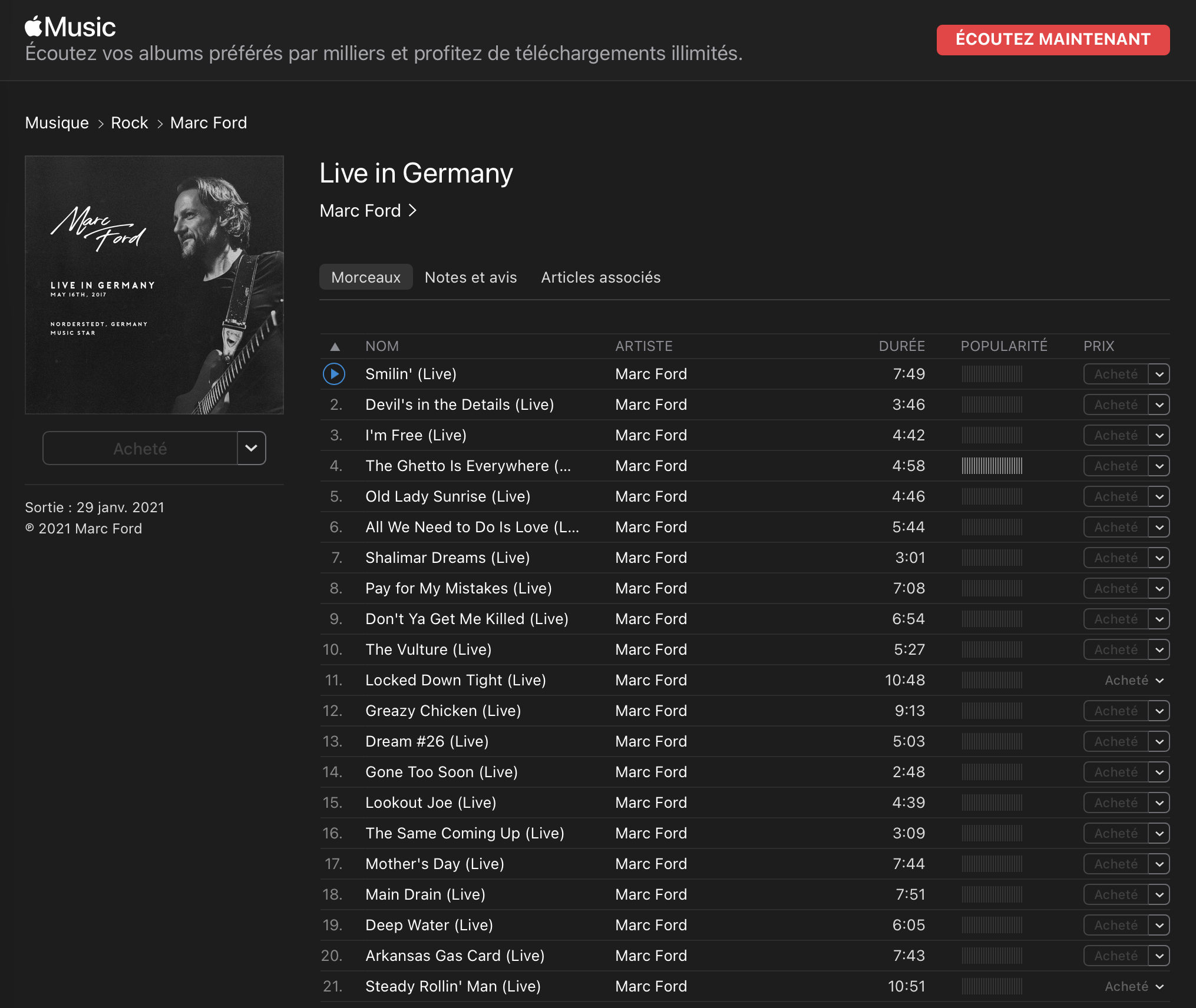 Capture d'écran d'une page web de musique en ligne présentant un album live de Marc Ford intitulé "Live in Germany". La page affiche la pochette de l'album en noir et blanc avec une photo de Marc Ford jouant de la guitare. La liste des titres de l'al