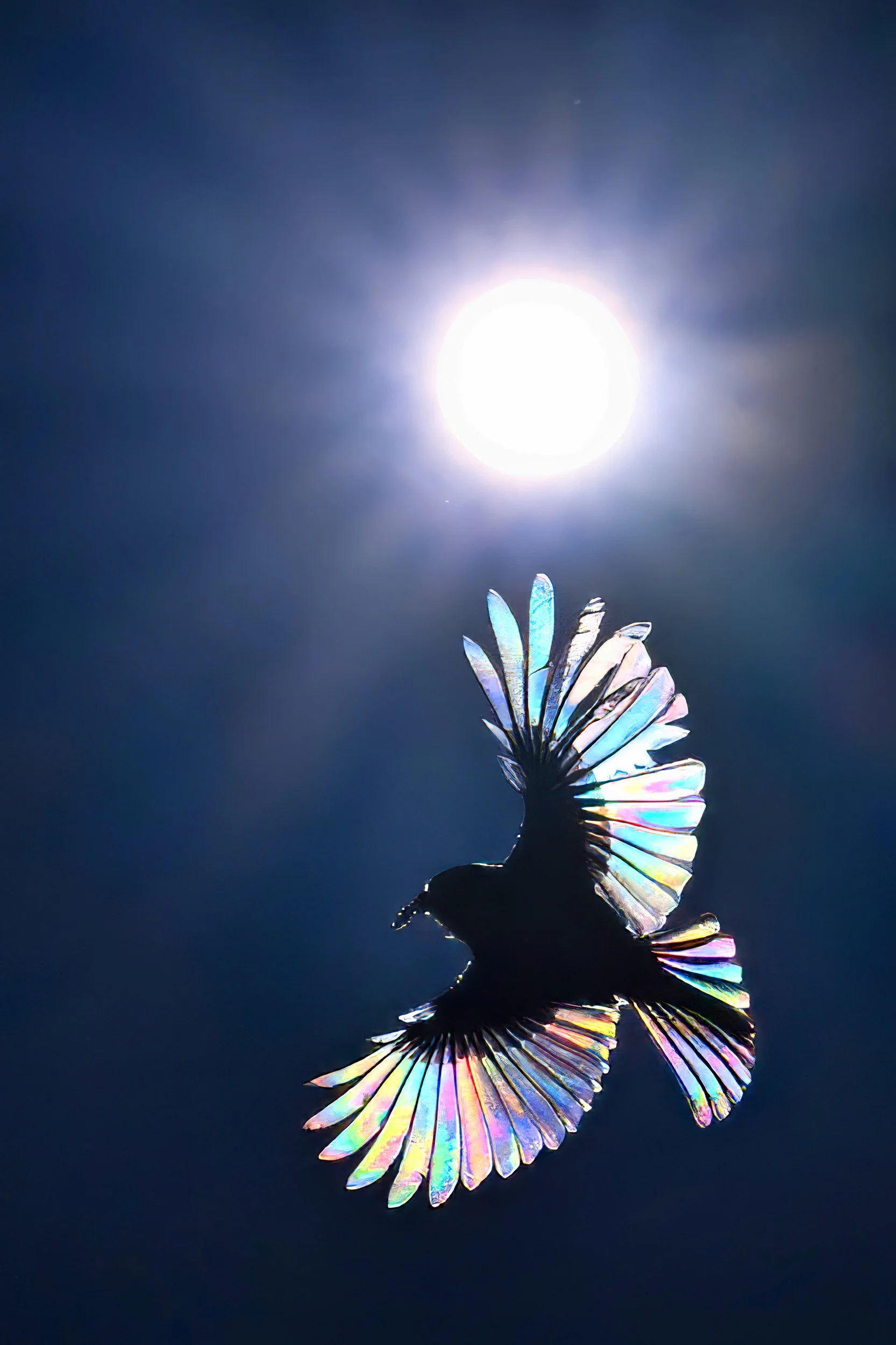 Un insecte avec des ailes colorées iridescentes, posé contre le ciel nocturne avec une pleine lune brillante.