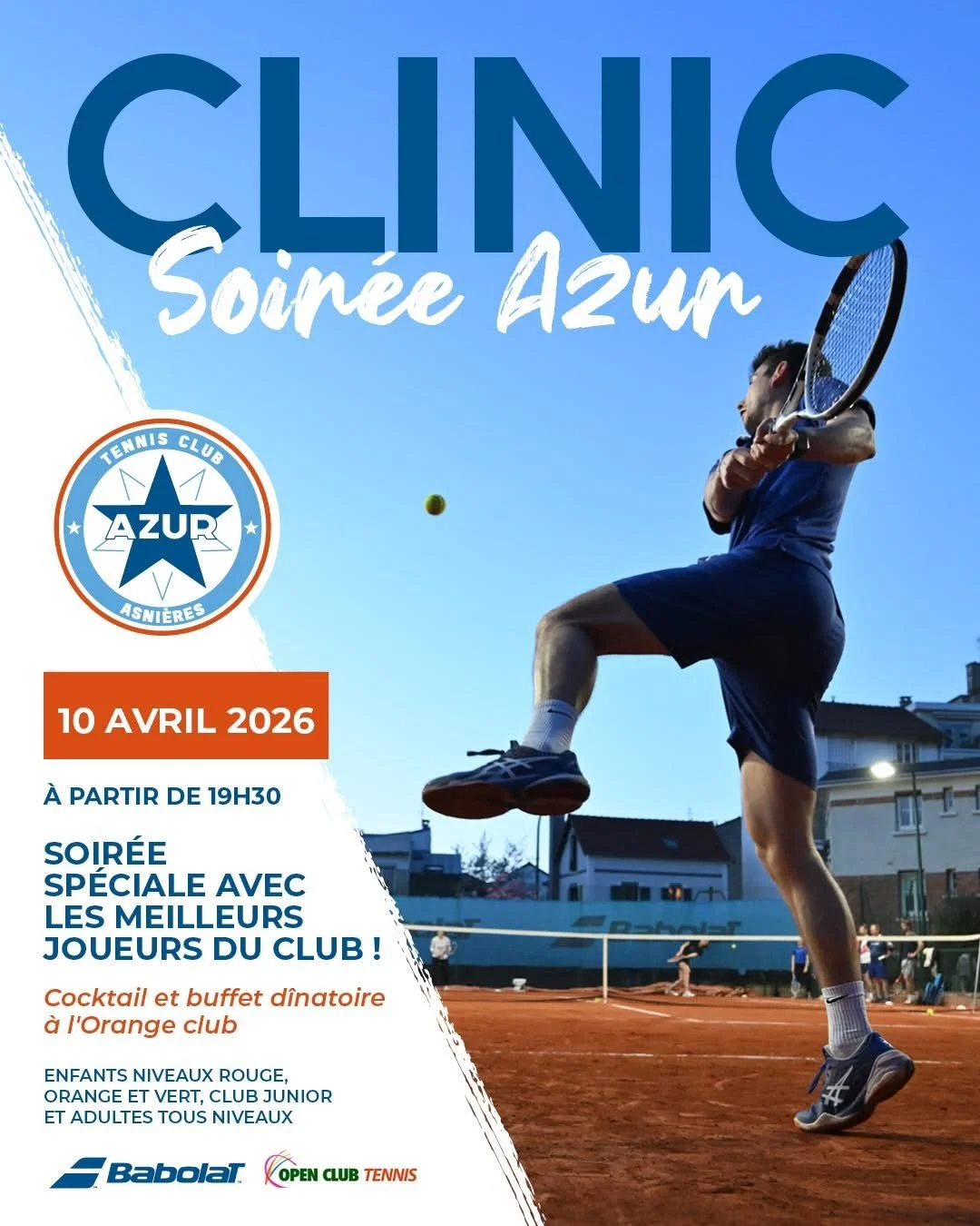 Affiche publicitaire pour une soirée au club de tennis Azur, avec date 10 avril 2026, à partir de 19h30, incluant un cocktail et un buffet dinatoire, avec des activités pour tous les niveaux, comprenant un match de tennis en extérieur avec un joueur 