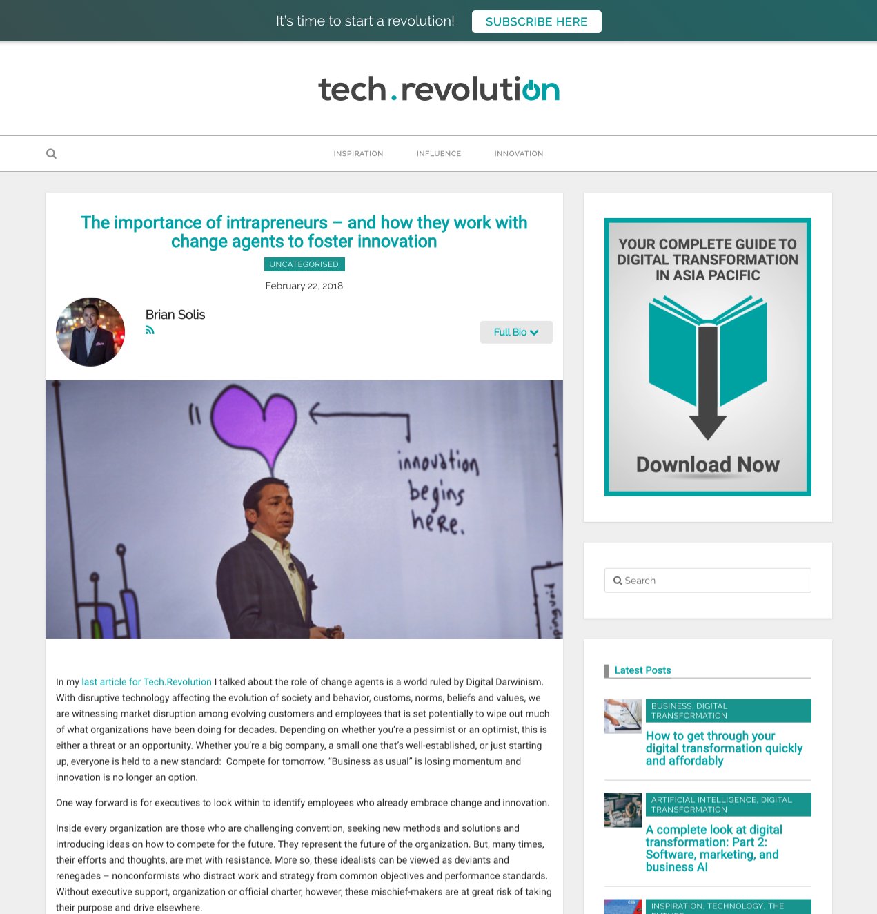 Page web de Tech.Revolution avec un article sur l'importance des intrapreneurs dans l'innovation. Inclut une photo d'un homme donnant une présentation, un graphique écrit "innovation begins here" avec un cœur violet et une bannière publicitaire à dro
