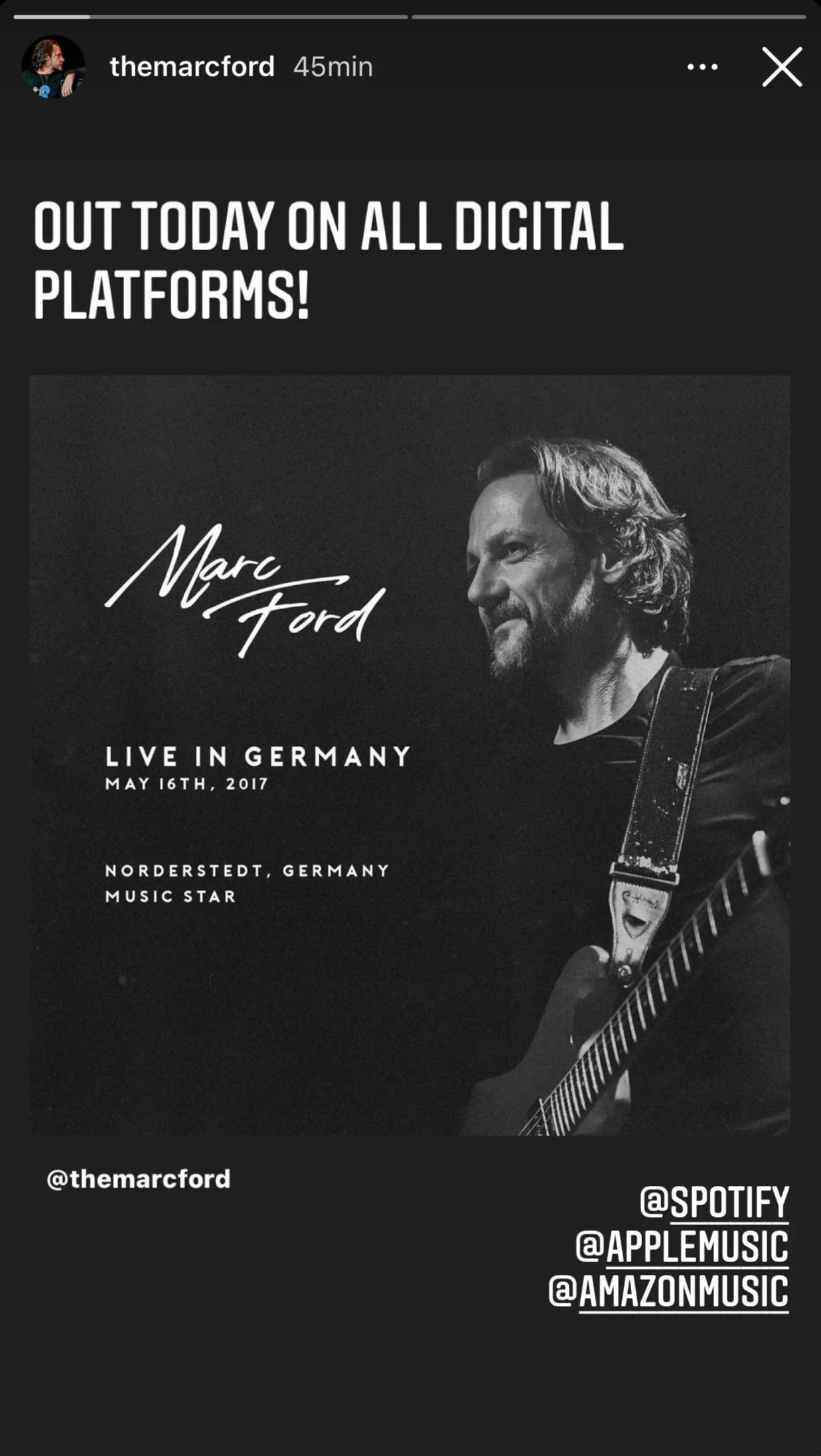 Annonce d'un concert en direct de Marc Ford en Allemagne, le 16 mai 2017, à Norderstedt, avec une photo en noir et blanc de Marc Ford jouant de la guitare.