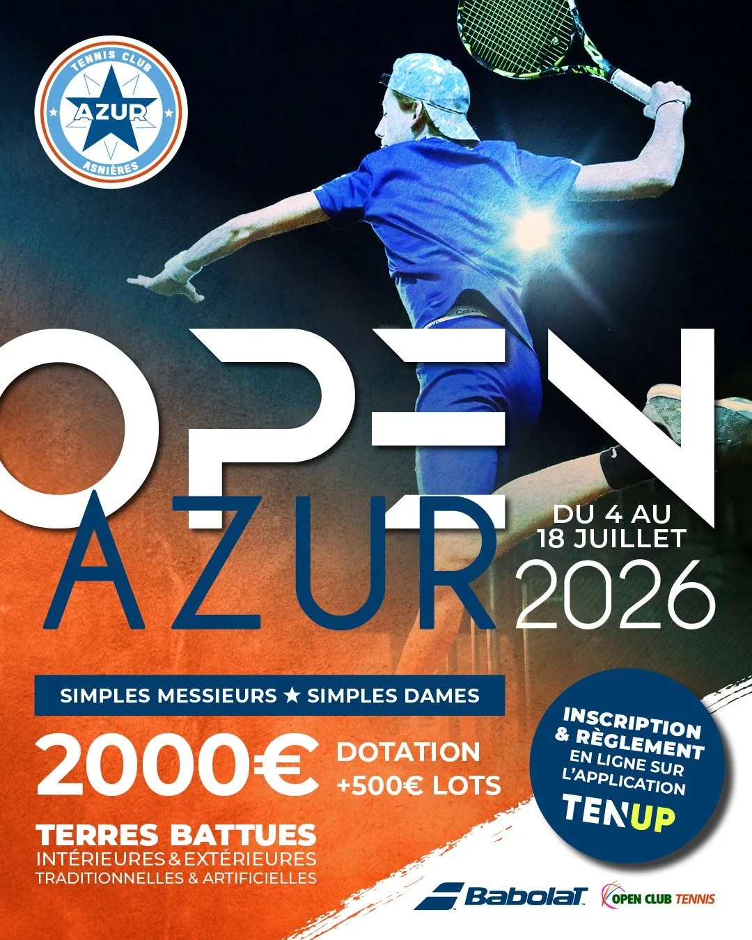 Affiche annonçant le tournoi de tennis annuel au Tennis Club Azur Asnières, se déroulant du 4 au 18 juillet 2026, avec un joueur en action sautant pour frapper la balle.