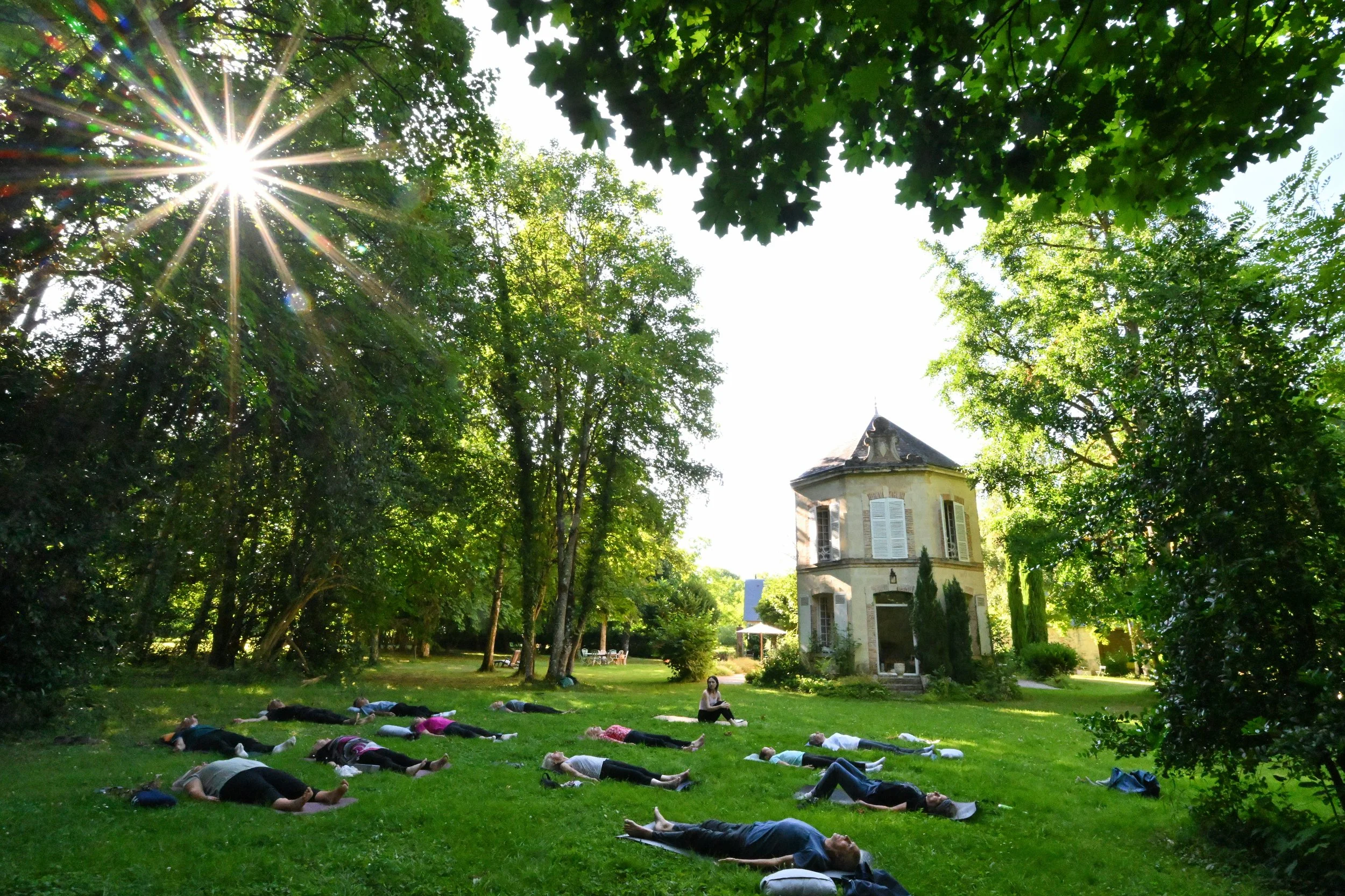 Un groupe de personnes pratiquant le yoga dans un parc verdoyant, avec des arbres et un bâtiment en arrière-plan, et le soleil brillant à travers les feuilles.