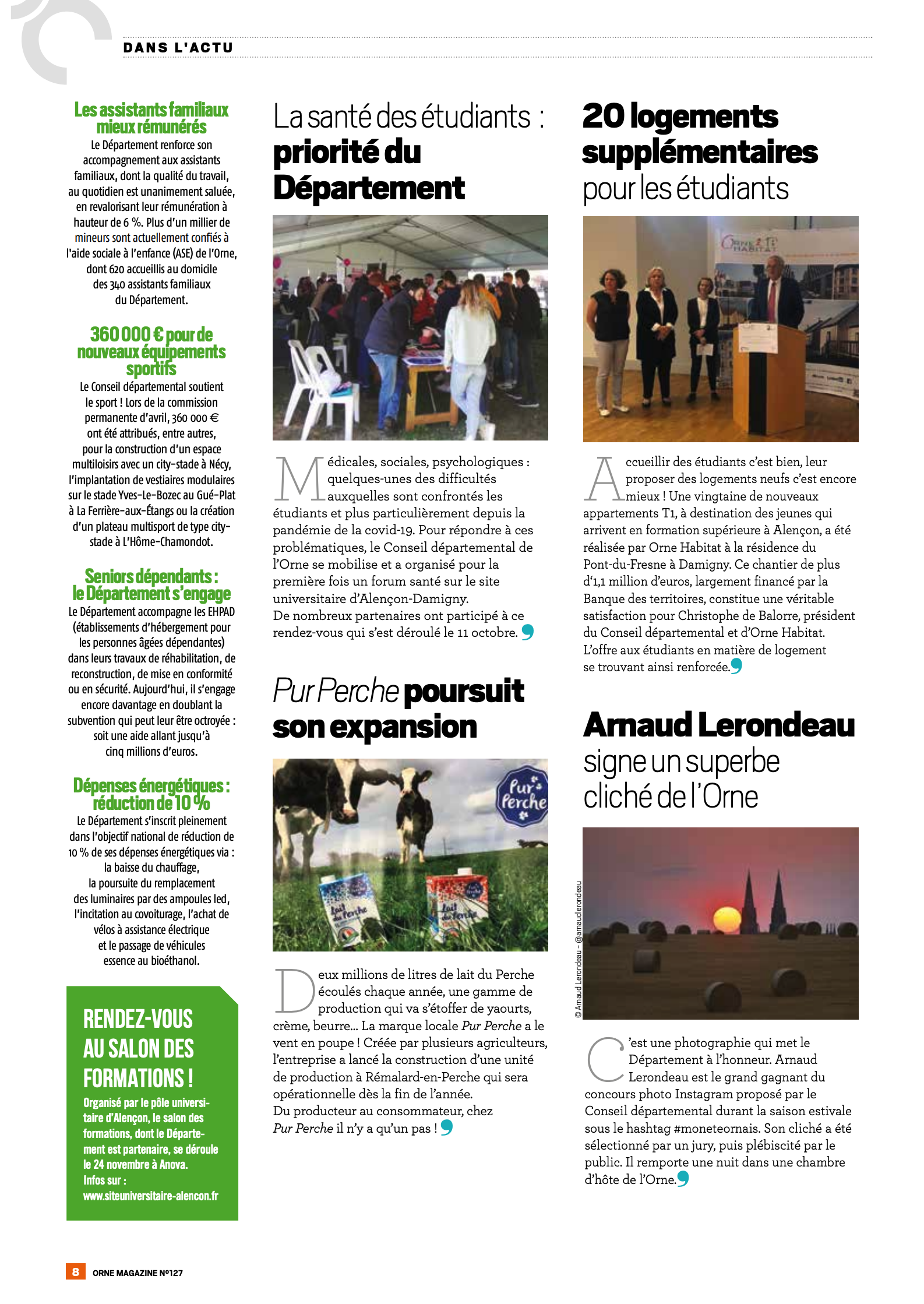 Page de magazine avec textes et deux images numériques, l'une montrant un groupe de personnes dans une tente lors d'un événement, l'autre une photo d'un coucher de soleil avec des silhouettes d'églises et d'arbres sur une plaine, accentuée par un cie