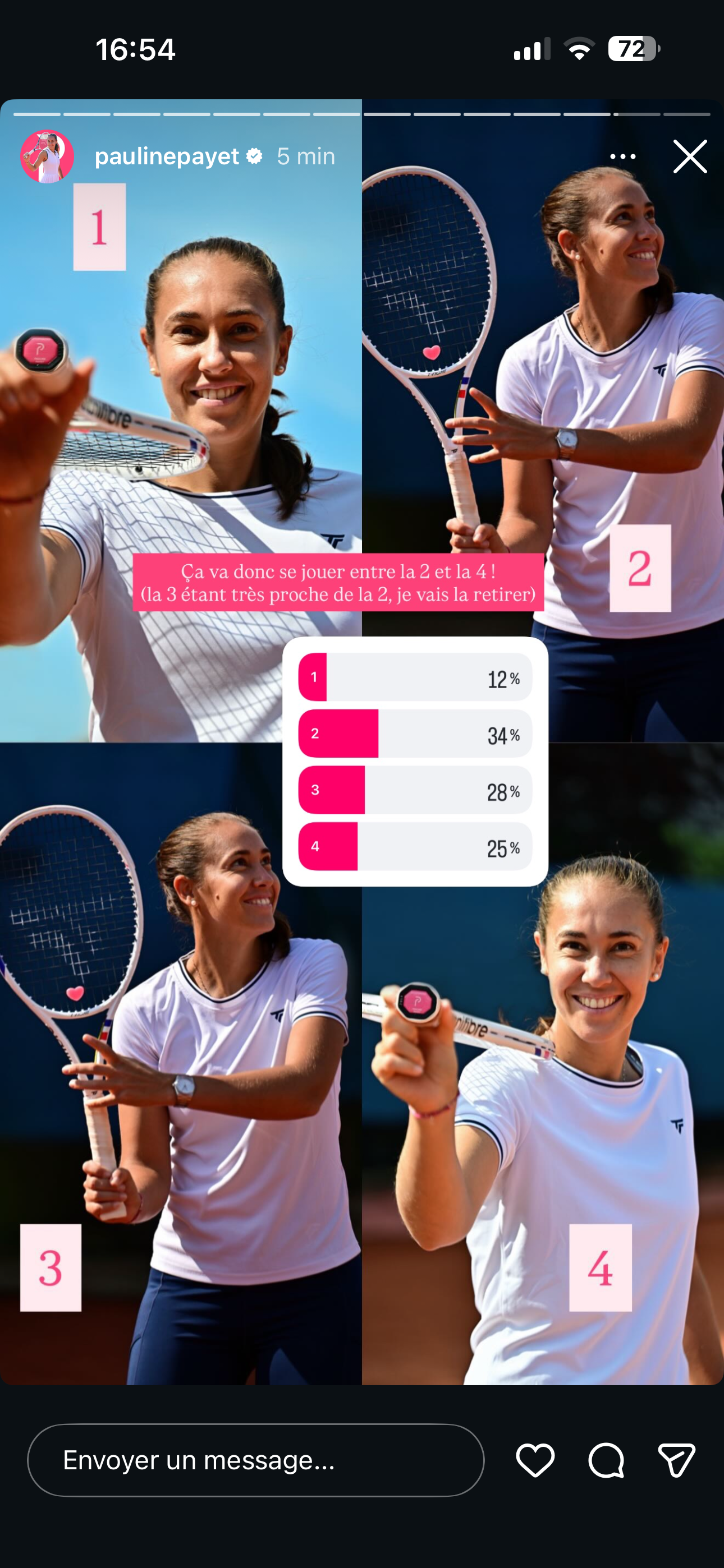 Capture d'écran d'une story Instagram montrant une femme jouant au tennis, tenant une raquette, portant un t-shirt blanc, avec différentes images de sa tête et de son bras, ainsi qu'un sondage avec quatre options et un graphique à barres indiquant le