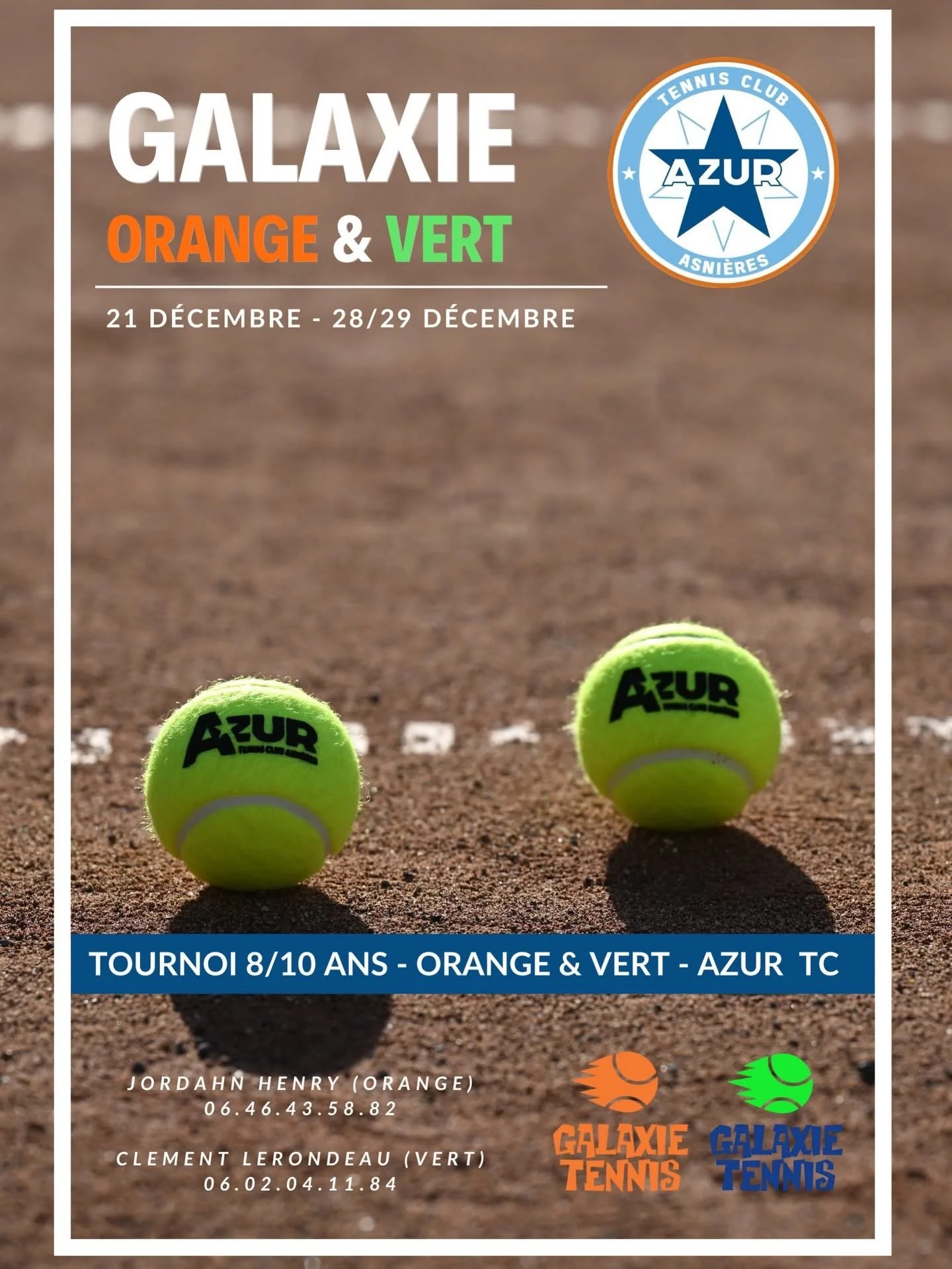 Affiche de tournoi de tennis pour enfants de 8 à 10 ans, avec deux balles de tennis vertes portant le logo Azur Tennis, sous un ciel ensoleillé, indiquant les dates du 21 au 29 décembre, organisée par le club Azur Asnières.