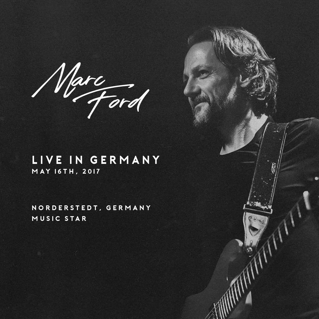 Affiche promotionnelle d'un concert de Marc Ford au GERMANY le 16 mai 2017, à Norderstedt, avec une photo en noir et blanc du musicien jouant de la guitare.