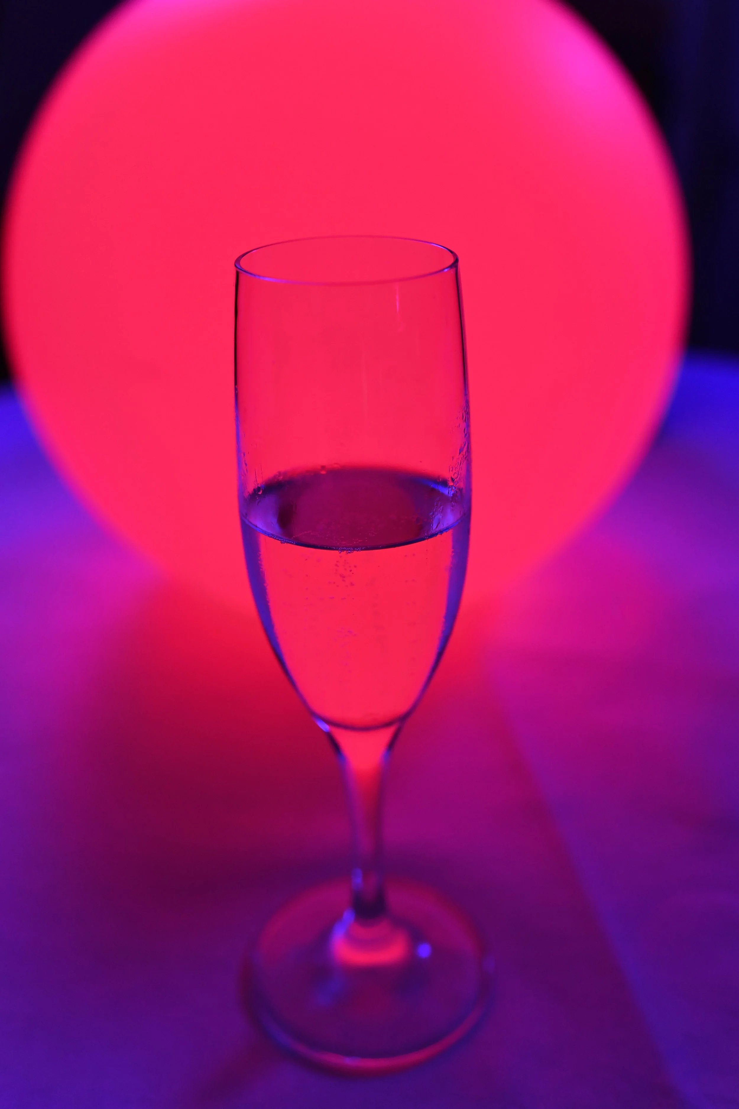 Verre de champagne vide placé sur une surface colorée avec un fond lumineux rose et bleu.