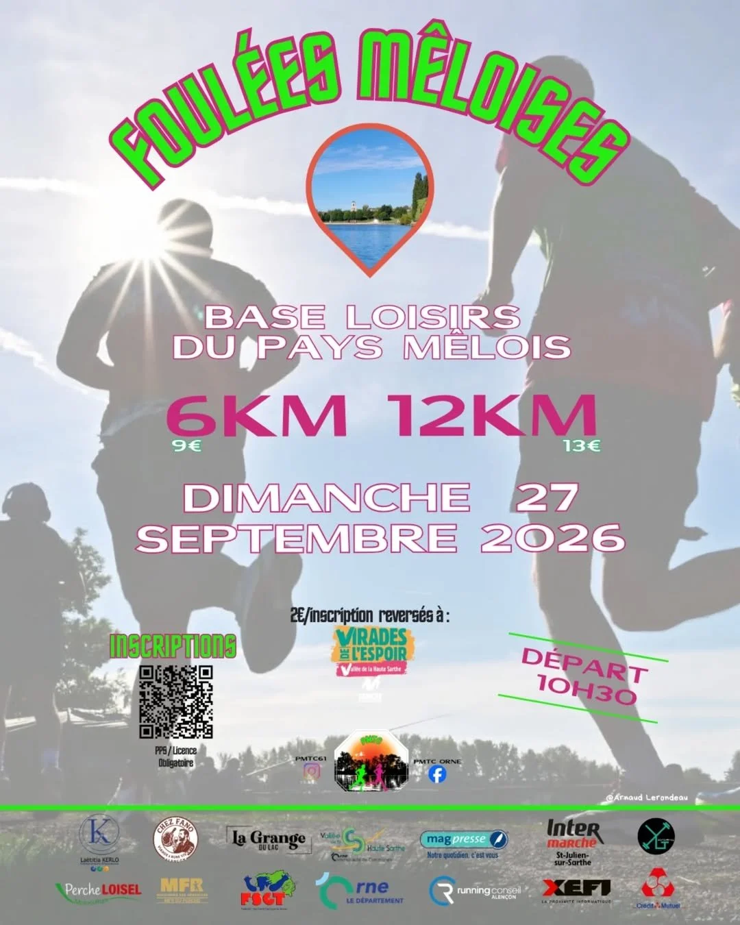 Affiche publicitaire pour une course de marche avec deux silhouettes de marcheurs, texte en français pour une journée de course le 27 septembre 2026, distances de 6 km et 12 km, départ à 10h30, inscriptions à Virades de l'espoir, avec divers logos et