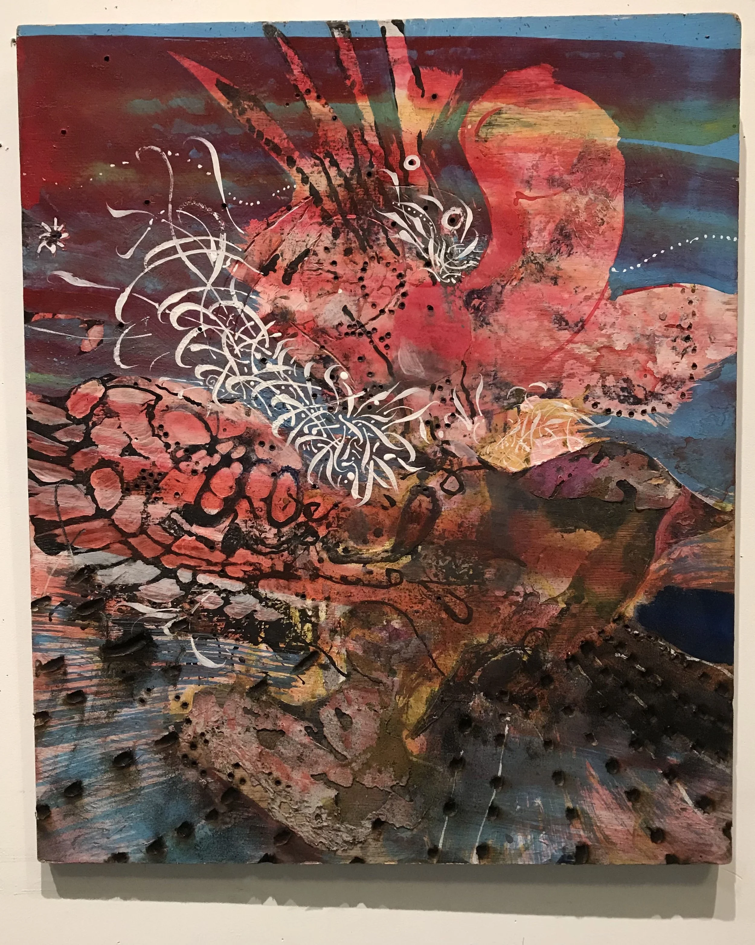 Bird 7, acrylic on burned wood