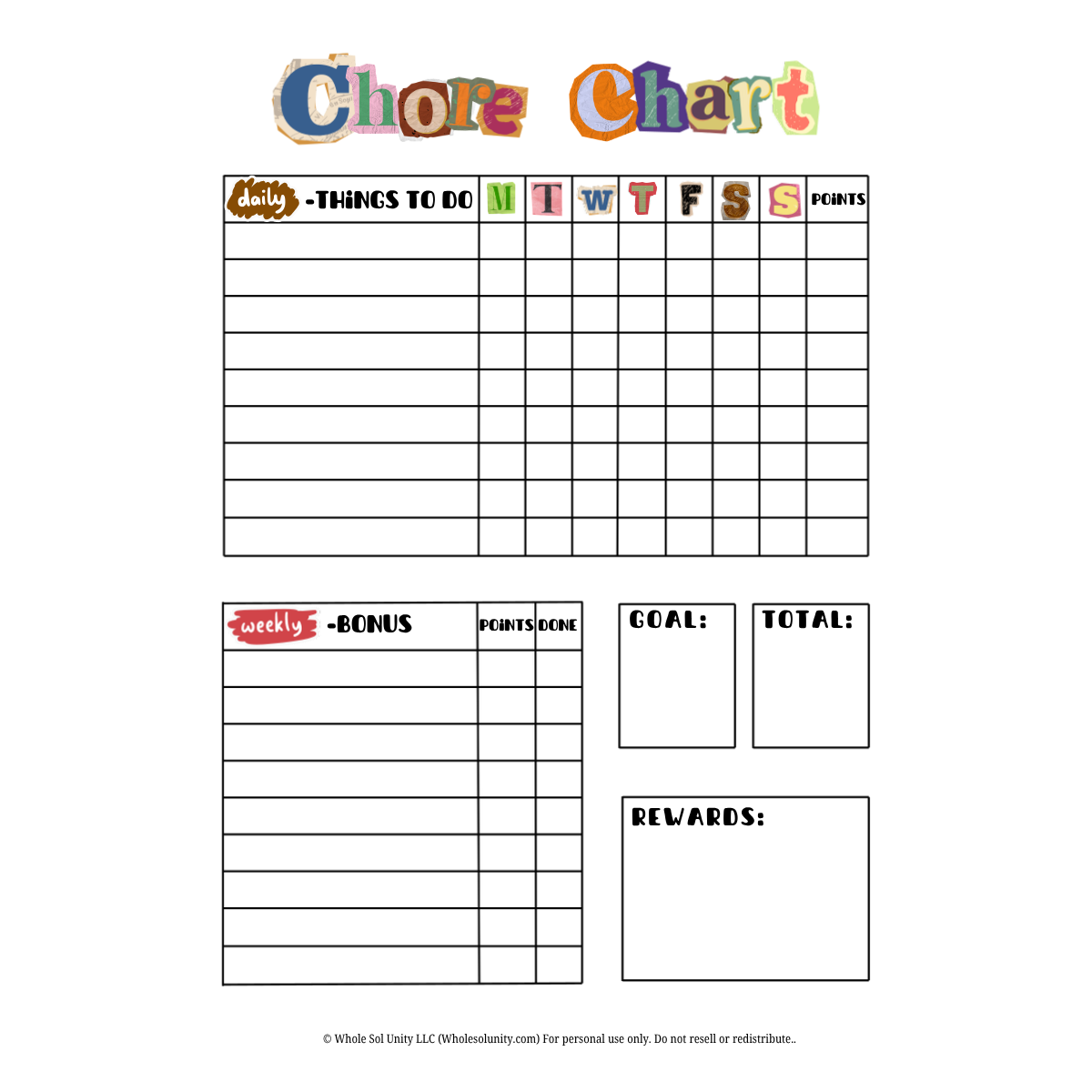Chore Chart - Monday Start