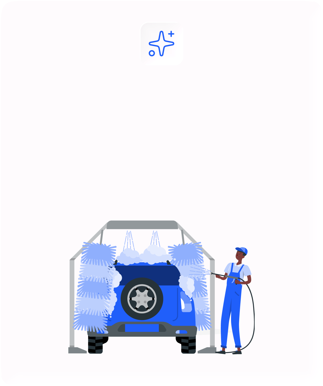 Person cleaning a blue SUV with foam and brushes in a car wash