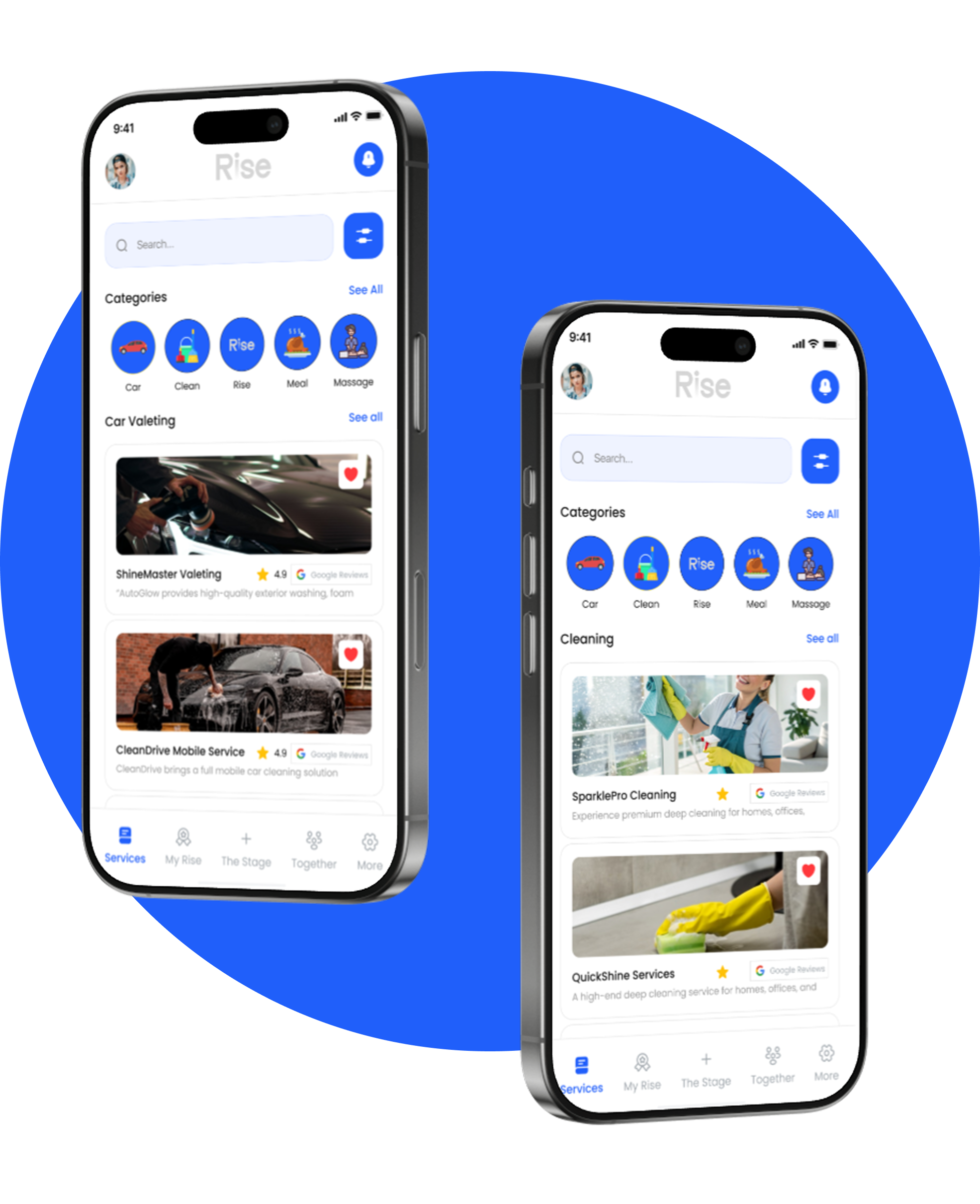 Two smartphones displaying a service booking app with categories like Car, Clean, Rise, Meal, Massage and service listings for car valeting and cleaning.