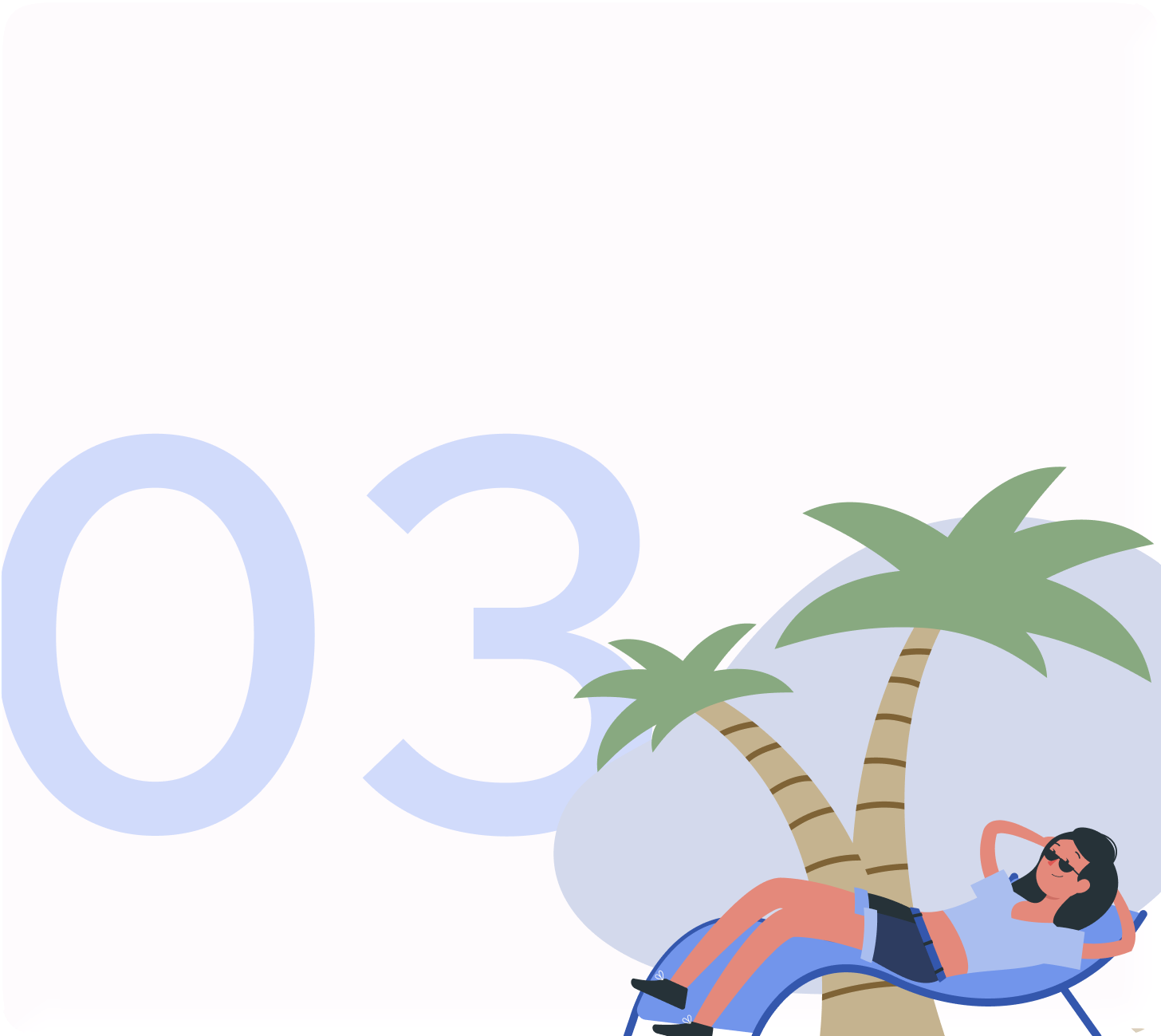 A woman with sunglasses relaxing on a lounge chair next to palm trees in a tropical setting with large numbers 0 and 3 in the background.