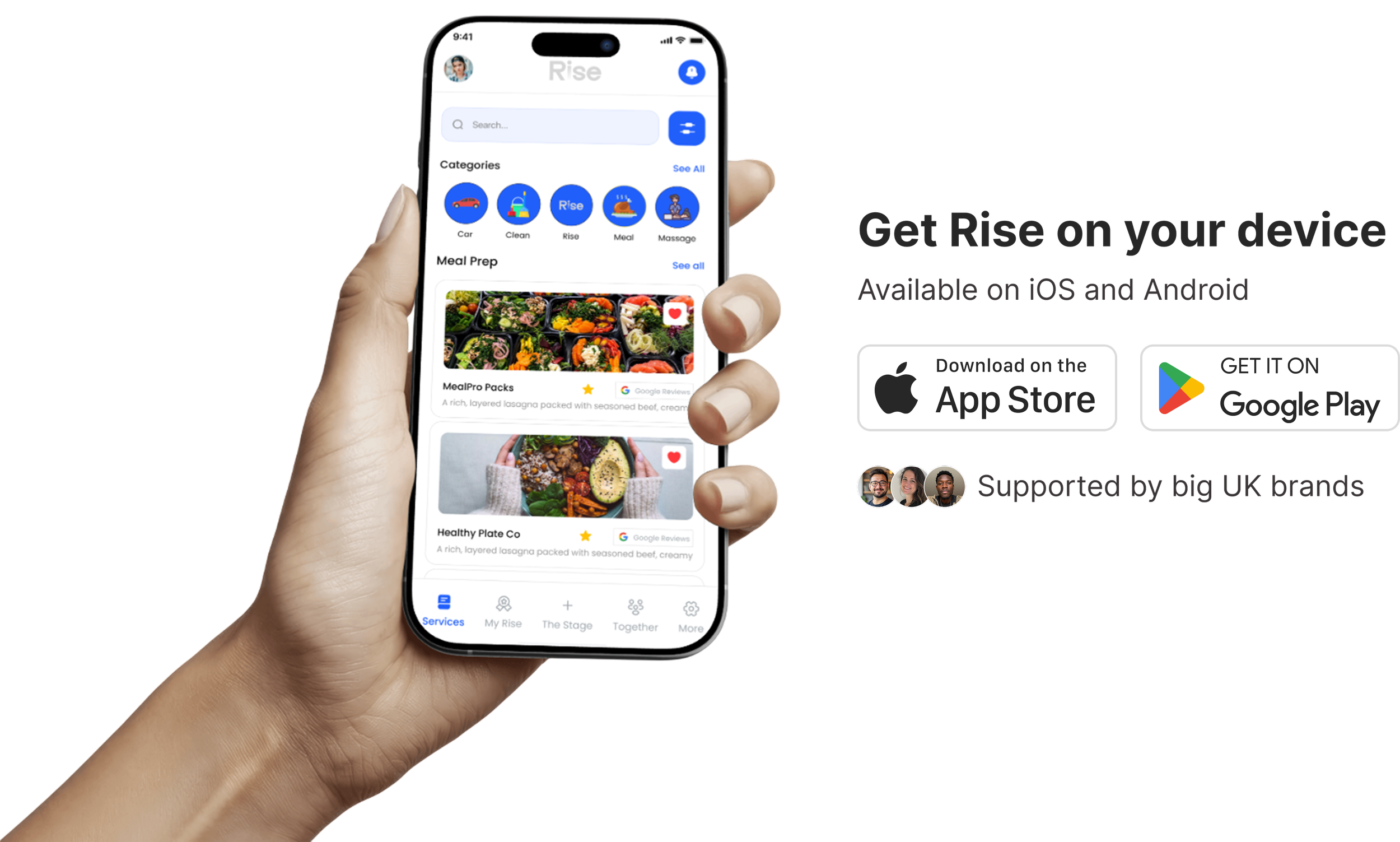 A hand holding a smartphone displaying an app interface with categories like Car, Clean, Rise, Meal, Massage. The screen shows meal prep options with images of food and rating stars, and menu icons at the bottom.