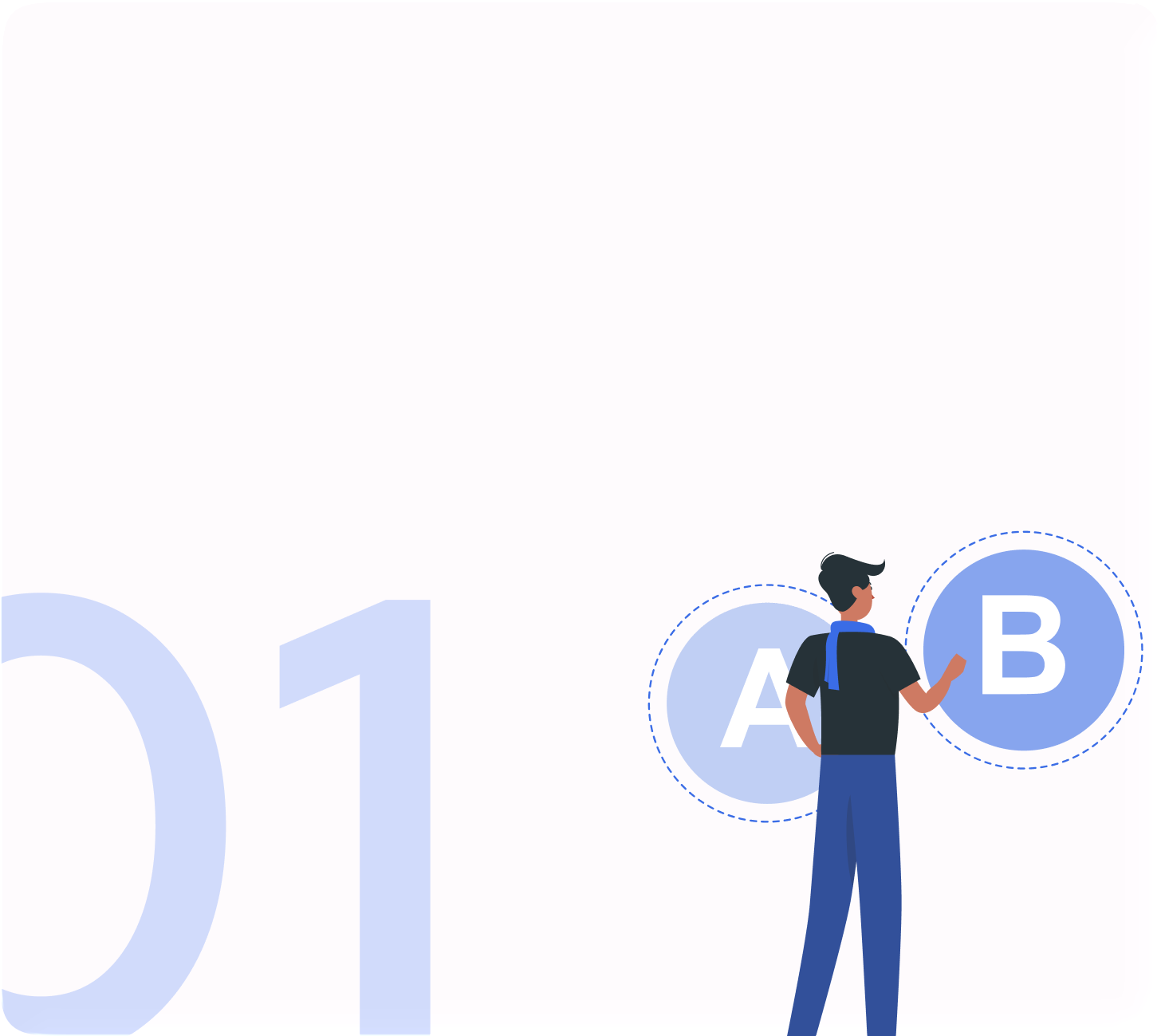 A person in black clothing with a blue scarf standing in front of large icons labeled A and B, which are part of a digital interface or game.