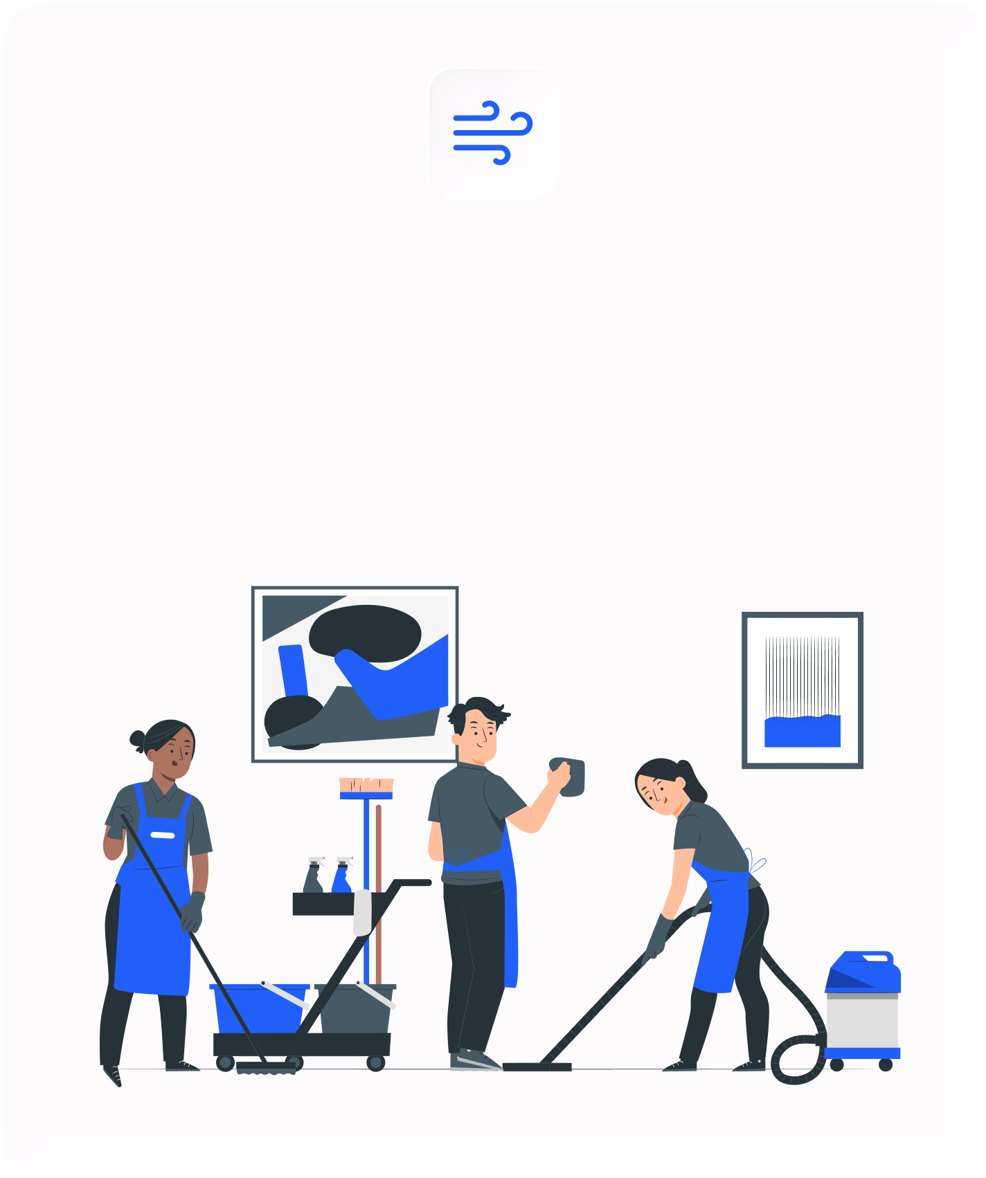 Three people wearing blue aprons cleaning a modern room with artwork on the walls, mop, vacuum, and cleaning supplies.