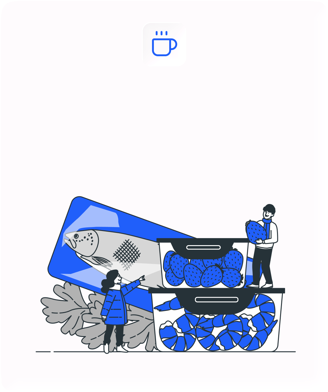 Illustration of a woman and a man with seafood and vegetables, including fish, shrimp, blackberries, and leafy greens, with a blue color theme.