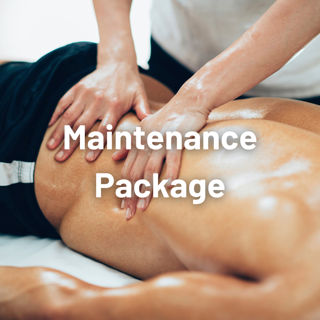 A person giving a back massage to another person lying face down, with the text "Maintenance Package" overlaid on the image.