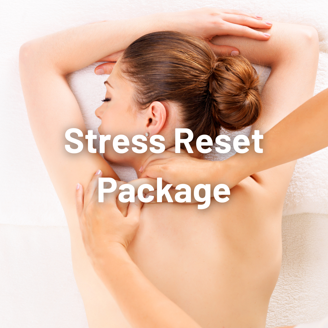A woman receiving a massage with the text "Stress Reset Package" overlaid on the image.