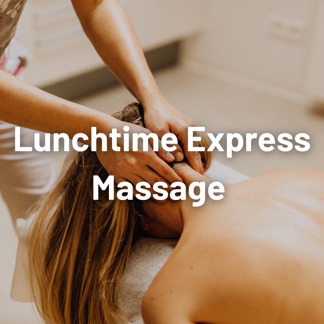 A person receiving a massage on their neck and shoulders in a spa setting with the text "Lunchtime Express Massage."
