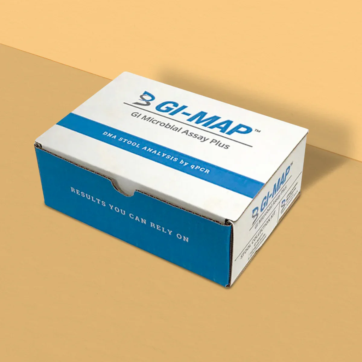 Box of 3G-MAP GI Microbial Assay Plus for DNA stool analysis by PCR, placed on a flat surface against a two-tone background.