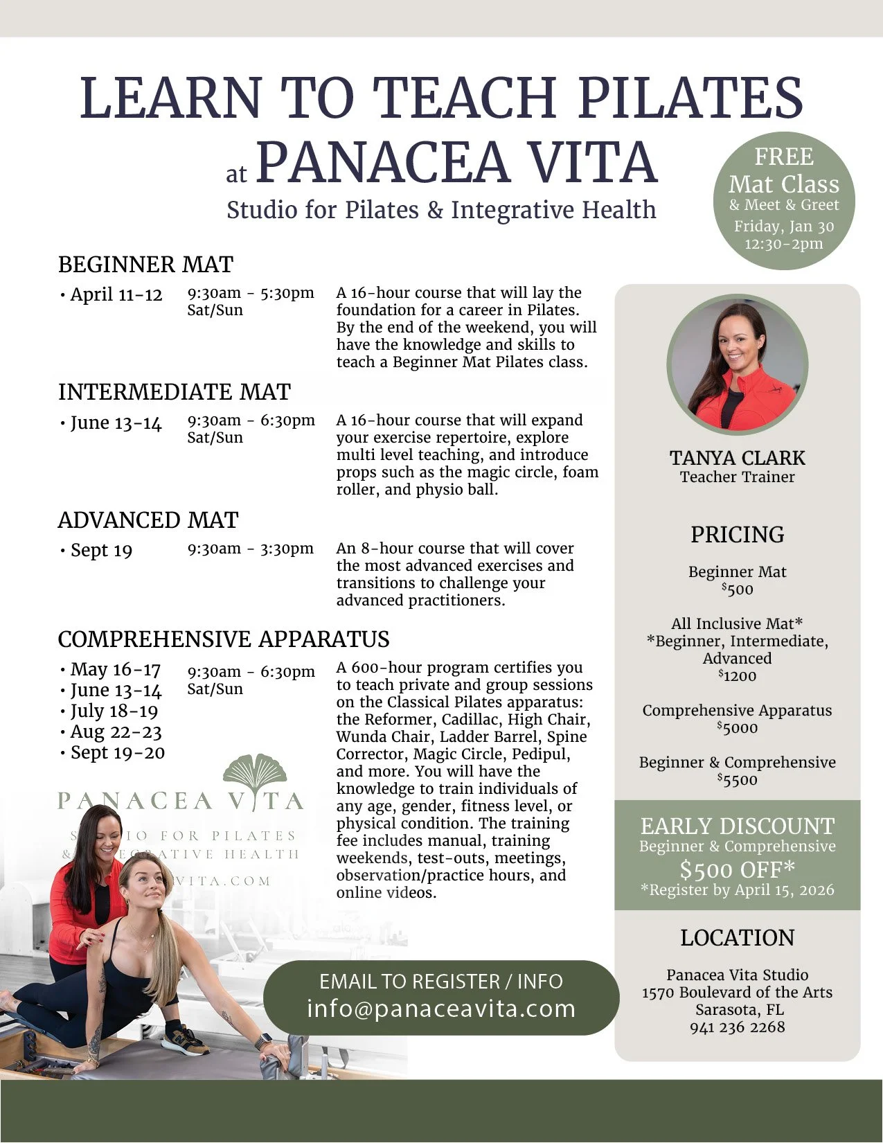 Flyer for Pilates training courses at Panacea Vita with class schedules, instructor photo, pricing, location, and contact information.