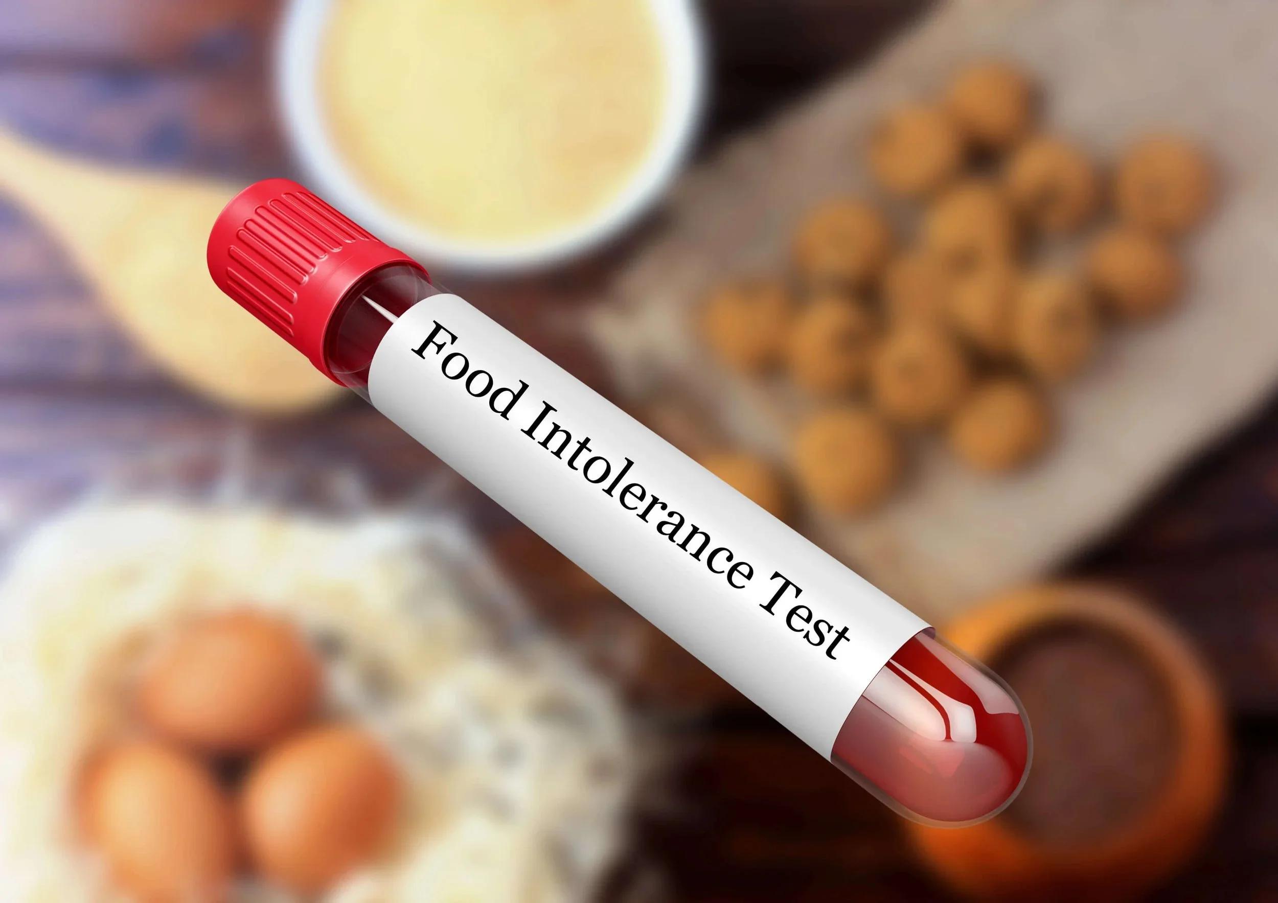 A test tube labeled 'Food Intolerance Test' held in front of various food items including eggs, chocolate, and lemon.
