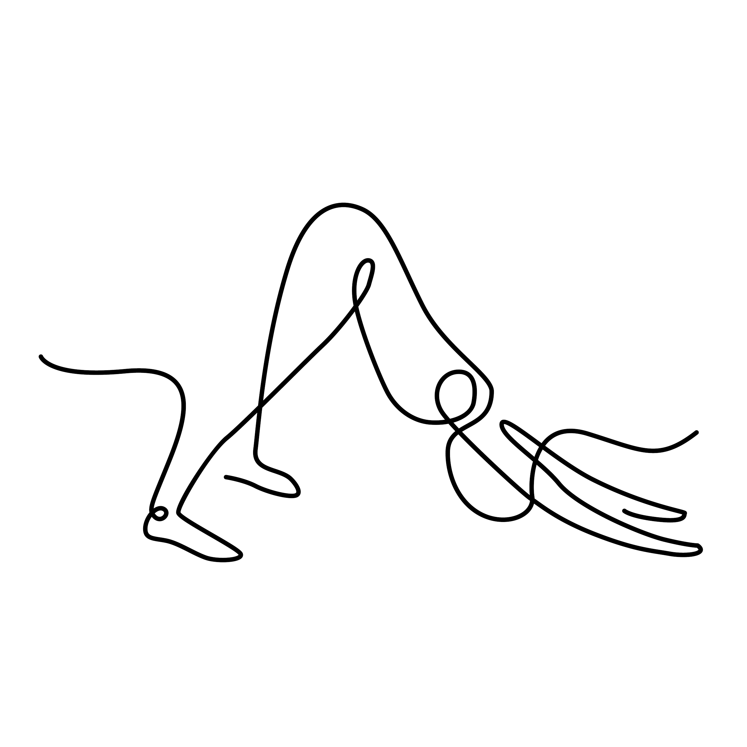 Neon sign of a person doing a backbend yoga pose, outline style, white lines on black background