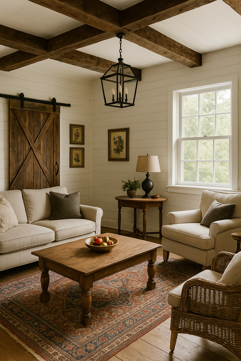 A sun-warmed country parlor where reclaimed beams, barn-door charm, and a weathered Persian rug invite slow conversation.