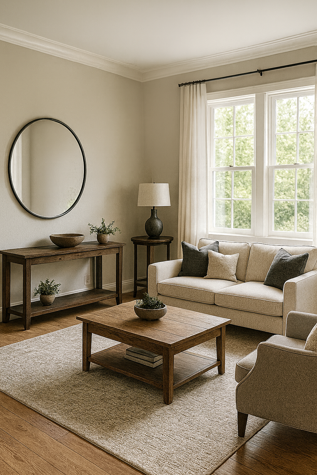 A graceful living room that marries clean lines with oak warmth, bridging classic comfort and modern ease.