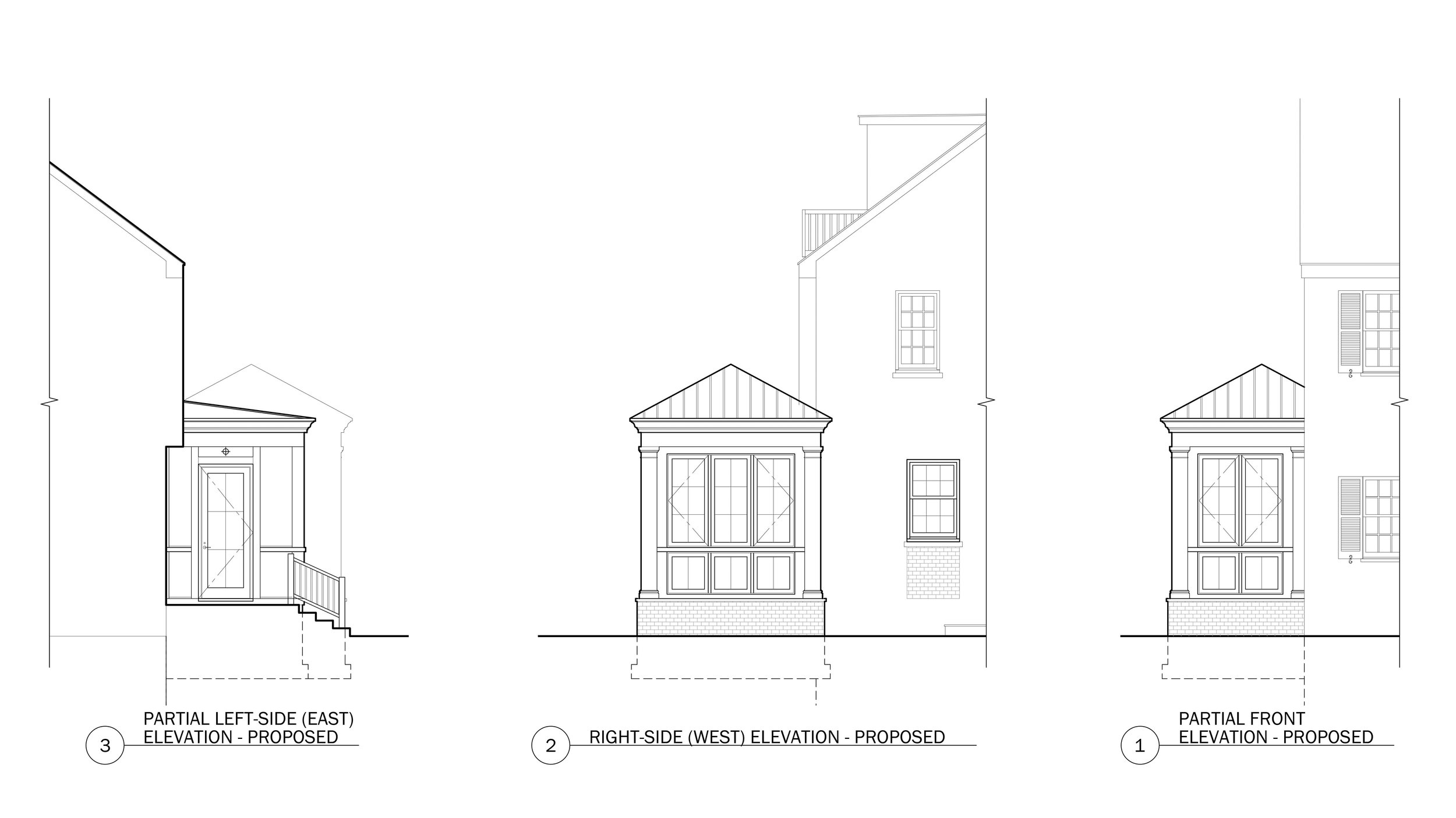Architectural blueprint showing proposed elevations of a house, including partial left-side, right-side, and front views with windows, doors, and roof details.