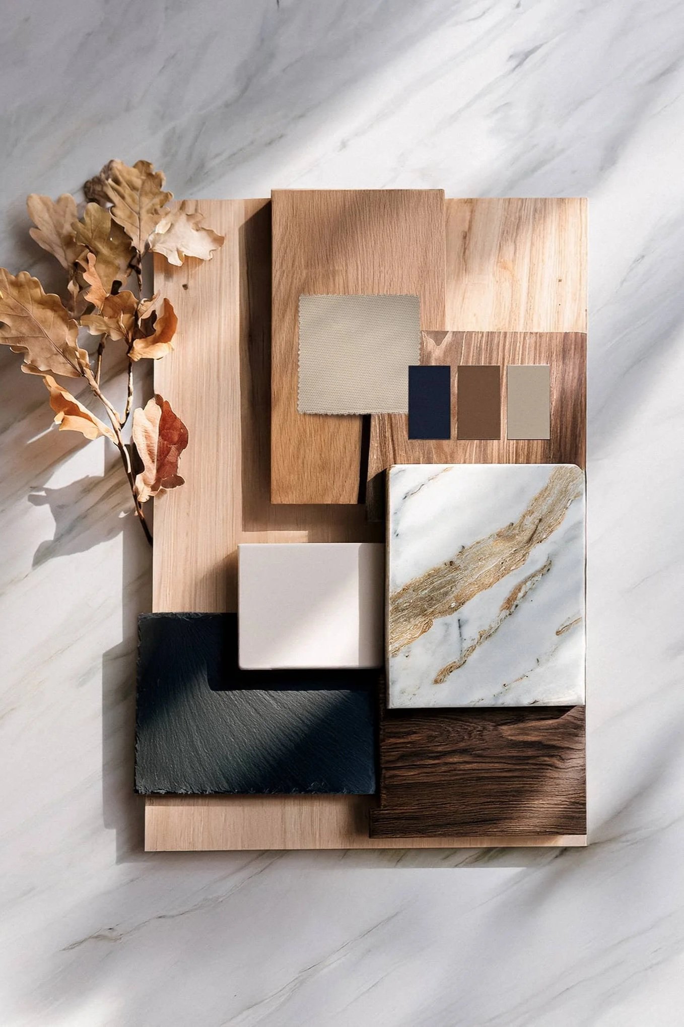 A collection of various material samples including wood, marble, fabric, and paint swatches arranged on a light marble surface with some dried leaves on the side.