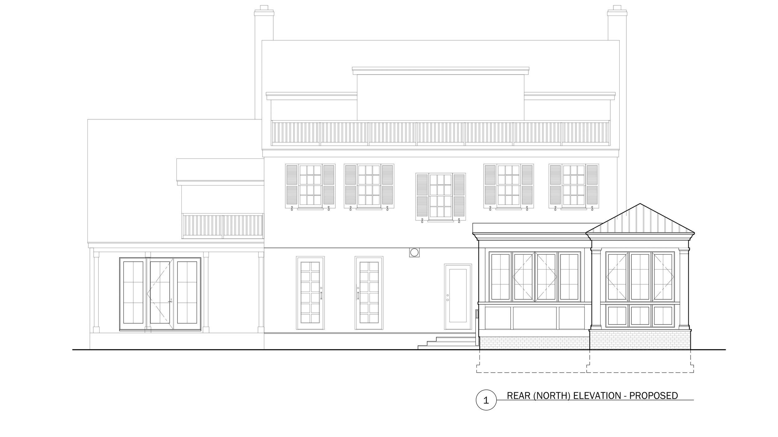 Architectural blueprint of a proposed residential building rear (north) elevation, showing multiple levels, windows with shutters, and a porch with stairs.