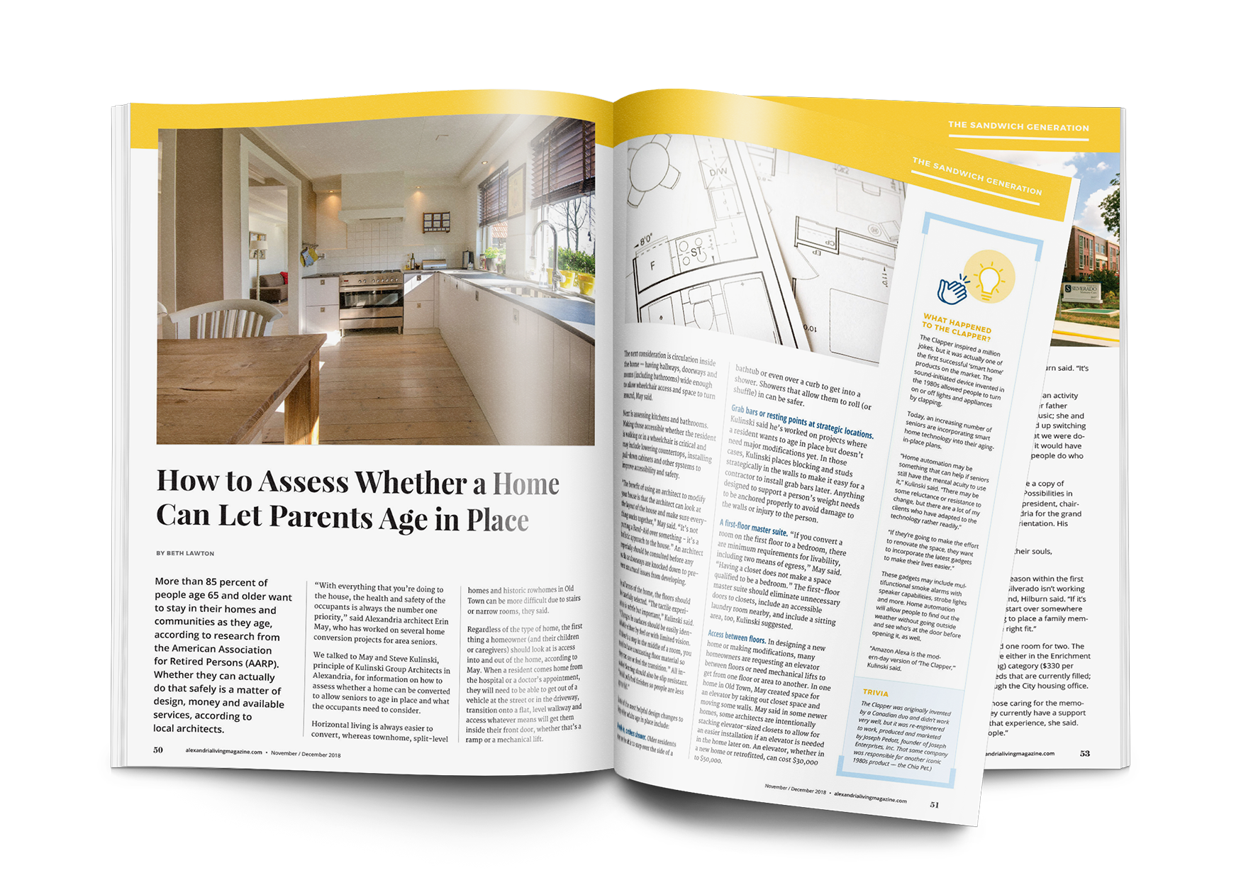 Open magazine with article about assessing home safety for aging in place, featuring a kitchen photograph and architectural plans.